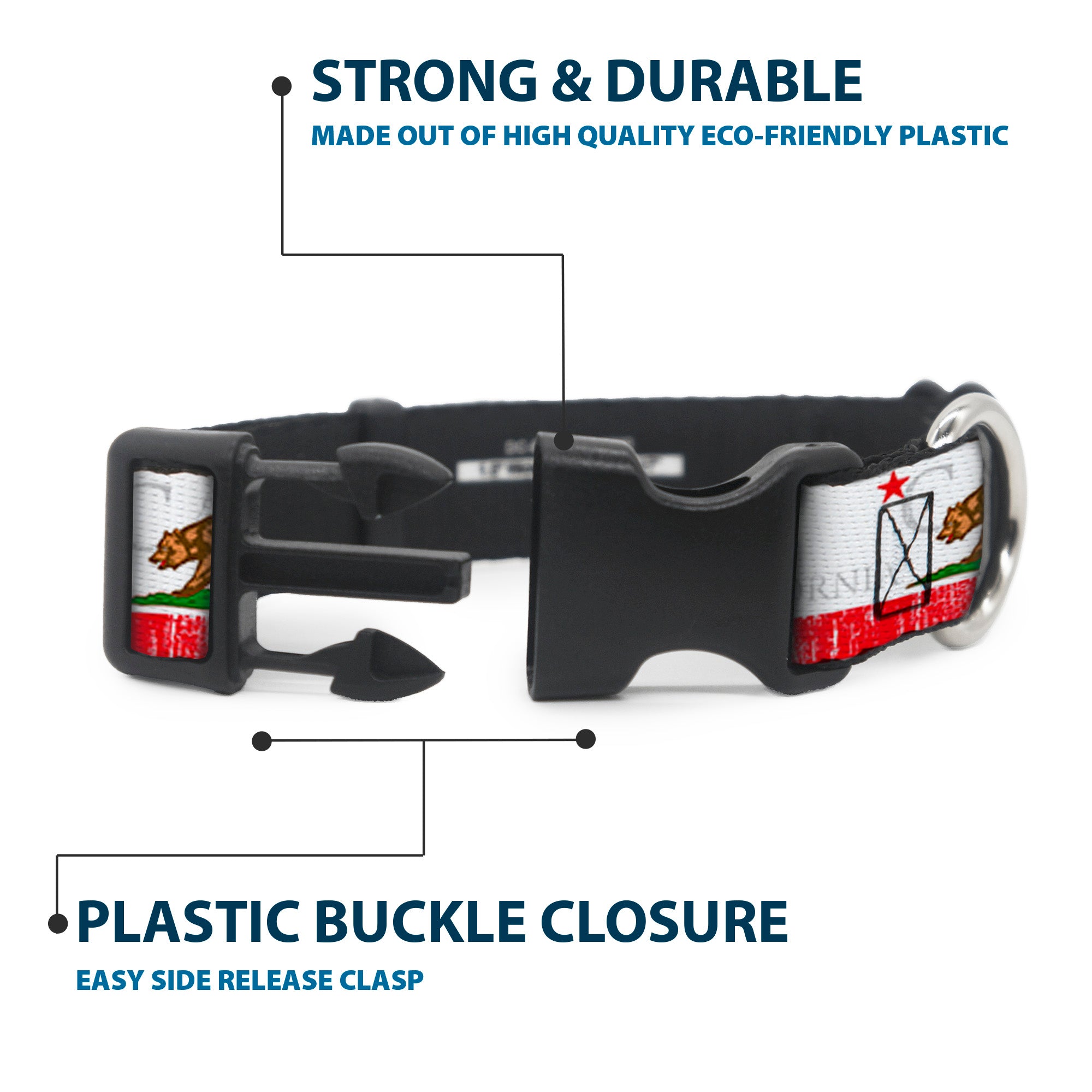 Plastic Clip Collar - CALIFORNIA Bear/Star/Crackle Stripe White/Gray/Red Plastic Clip Collars Buckle-Down