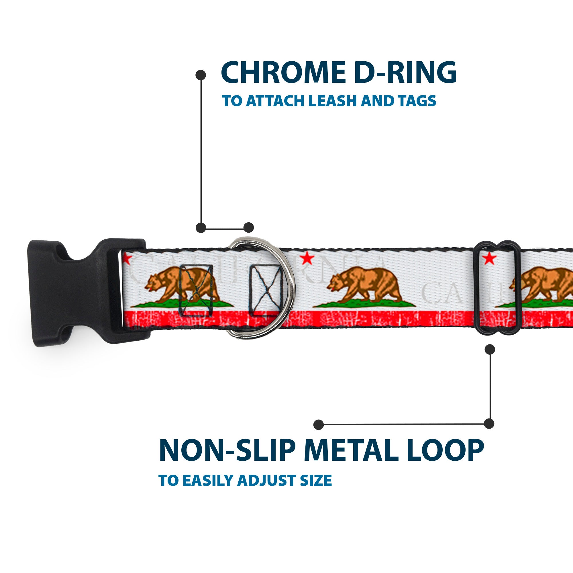 Plastic Clip Collar - CALIFORNIA Bear/Star/Crackle Stripe White/Gray/Red Plastic Clip Collars Buckle-Down