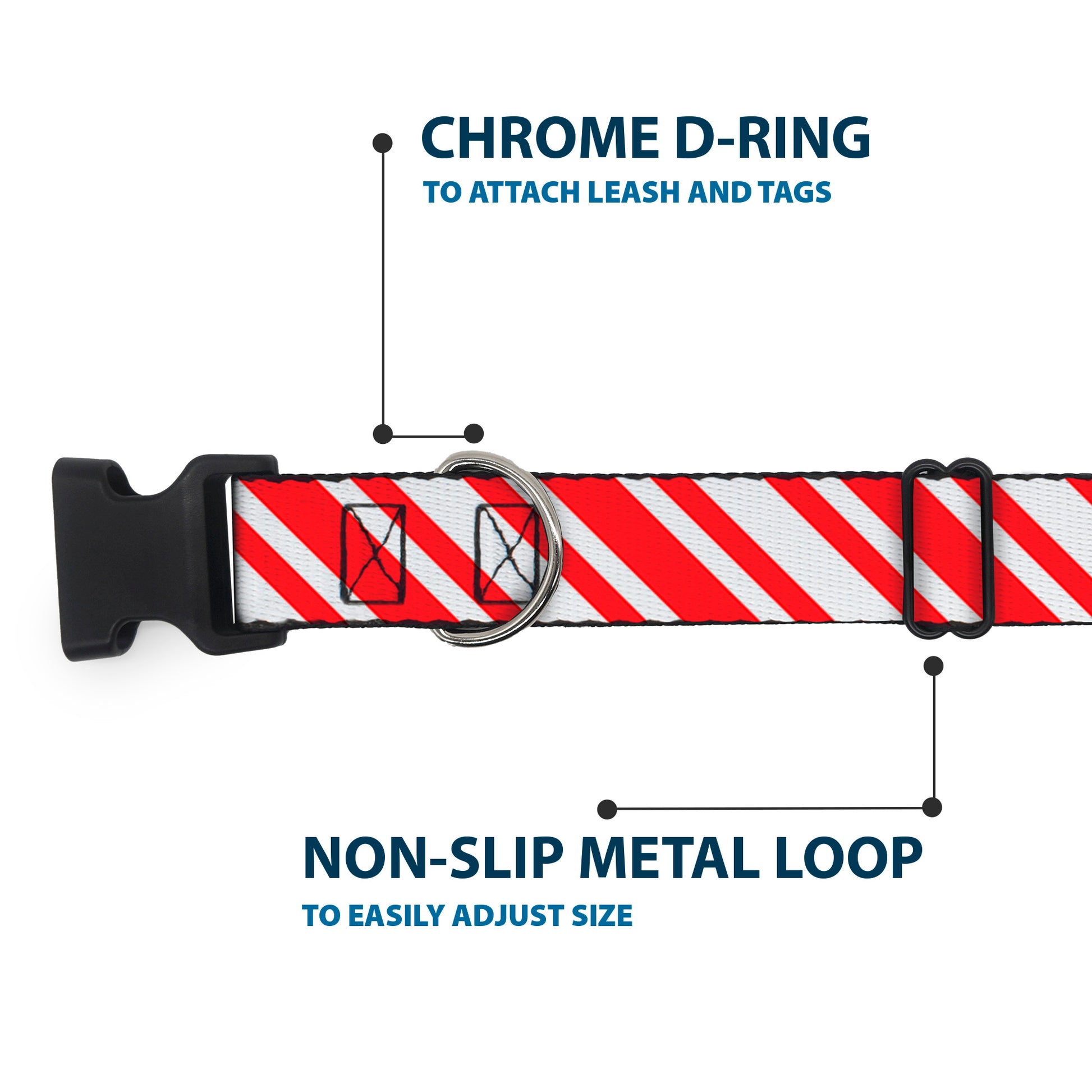 Plastic Clip Collar - Candy Cane3 Stripe White/3-Red Plastic Clip Collars Buckle-Down