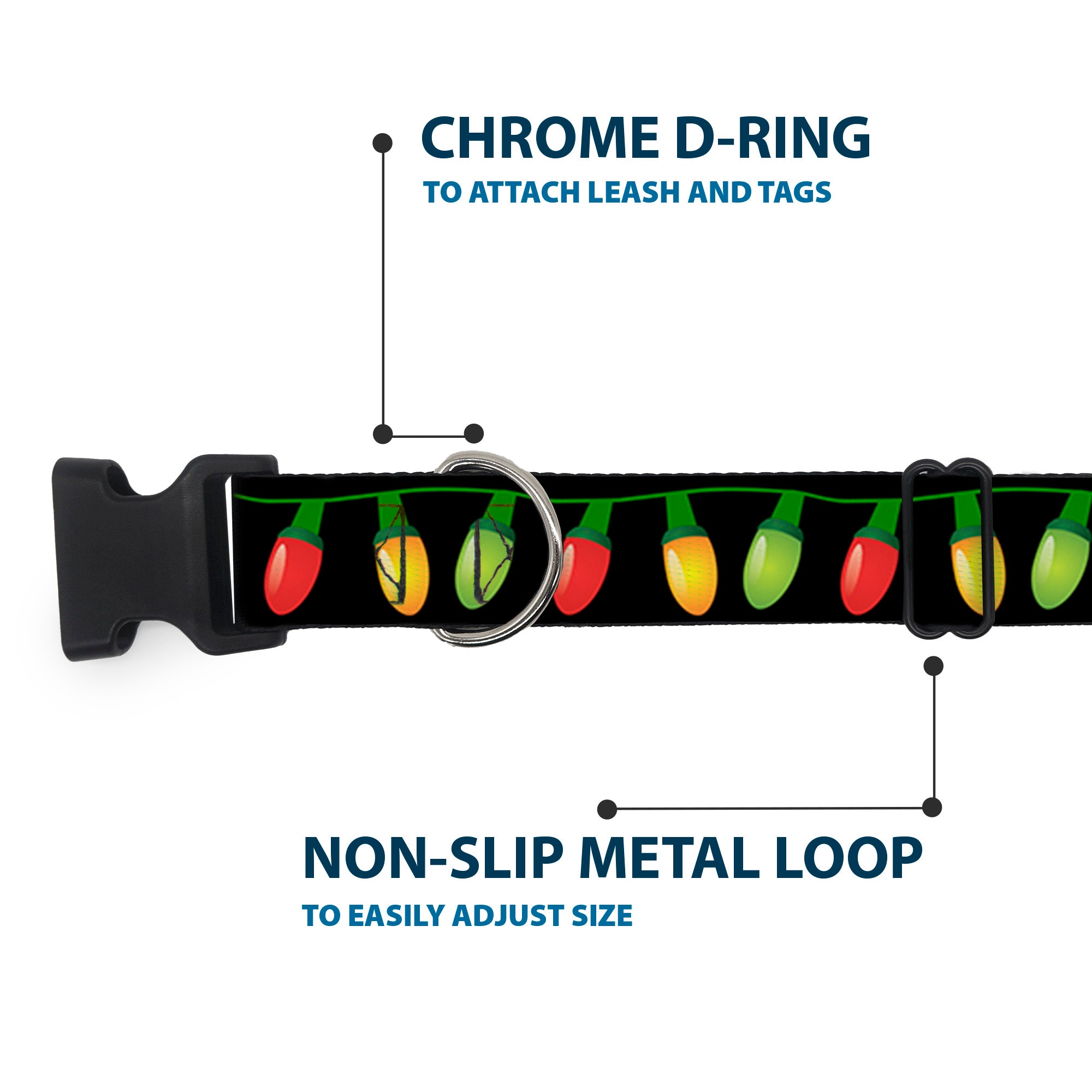 Plastic Clip Collar - Christmas Lights Black/Multi Color Plastic Clip Collars Buckle-Down