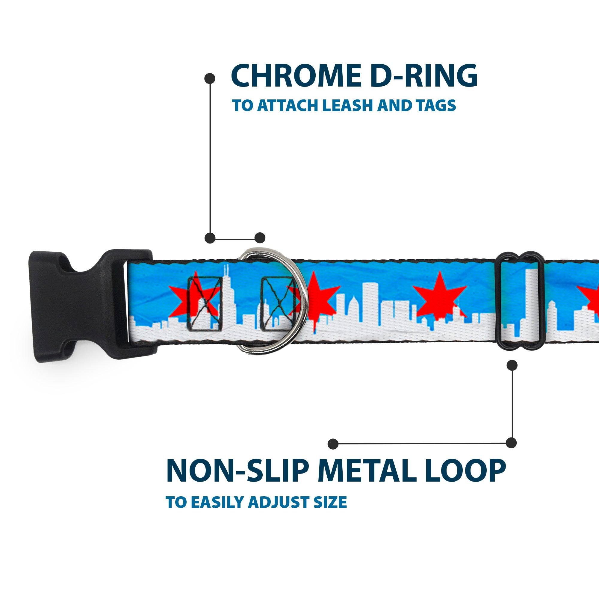 Plastic Clip Collar - Chicago Skyline/Flag Distressed Black/White/Red Plastic Clip Collars Buckle-Down