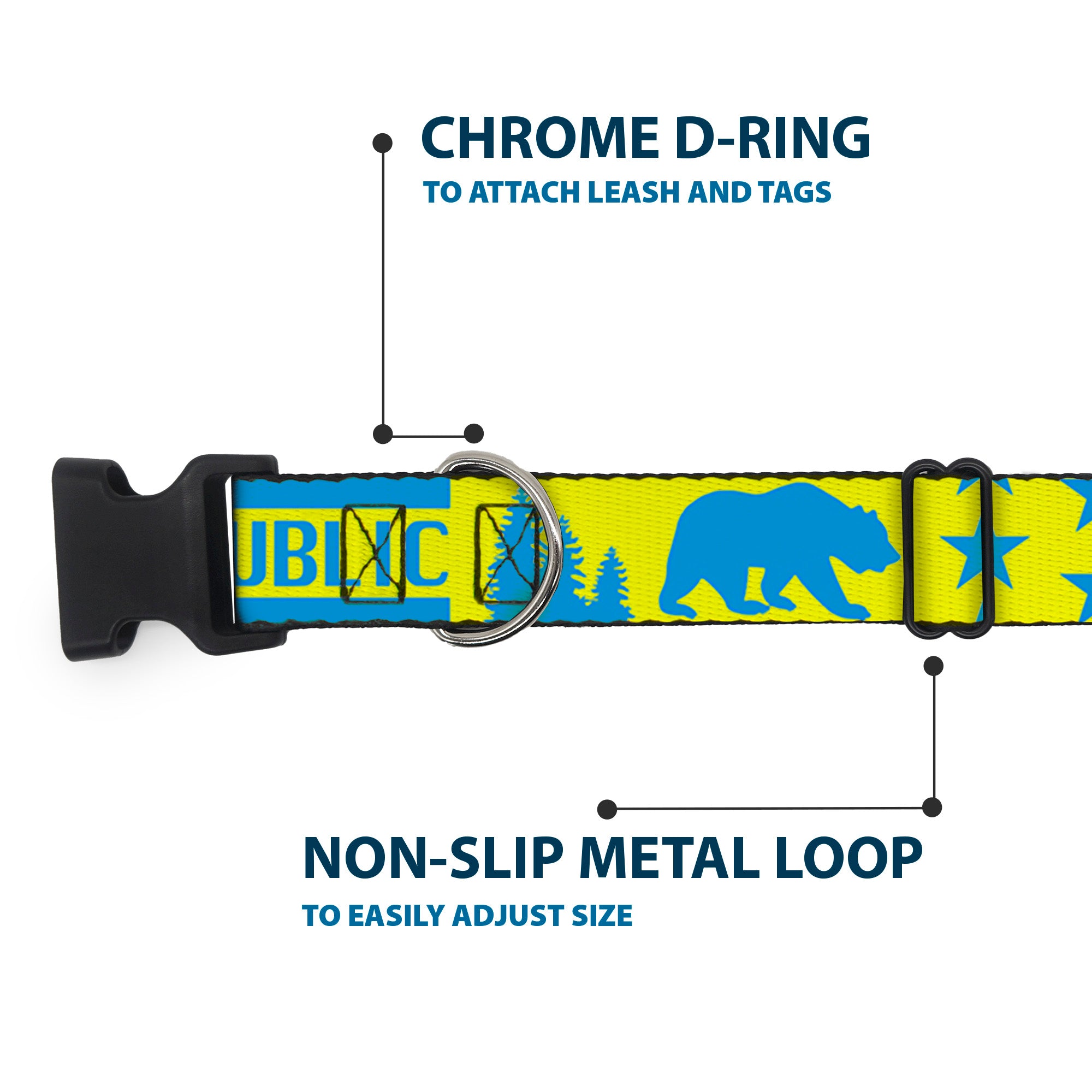 Plastic Clip Collar - CALIFORNIA REPUBLIC/Bear/Stars Silhouette Yellow/Blue Plastic Clip Collars Buckle-Down