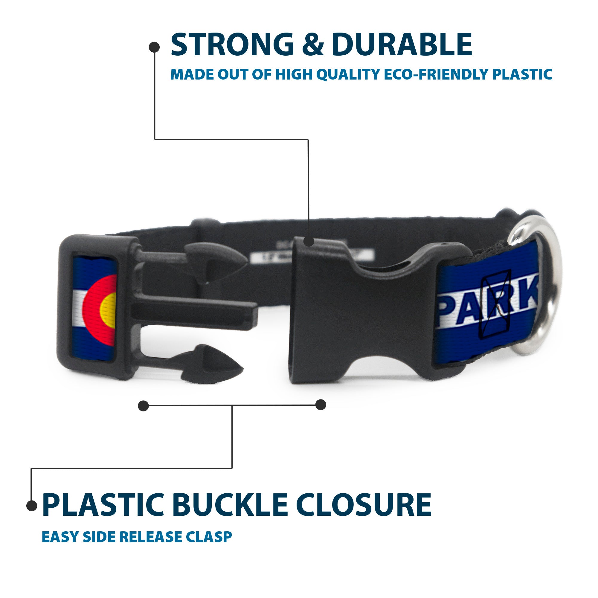 Plastic Clip Collar - Colorado PARKER Flag Blue/White/Red/Yellow Plastic Clip Collars Buckle-Down