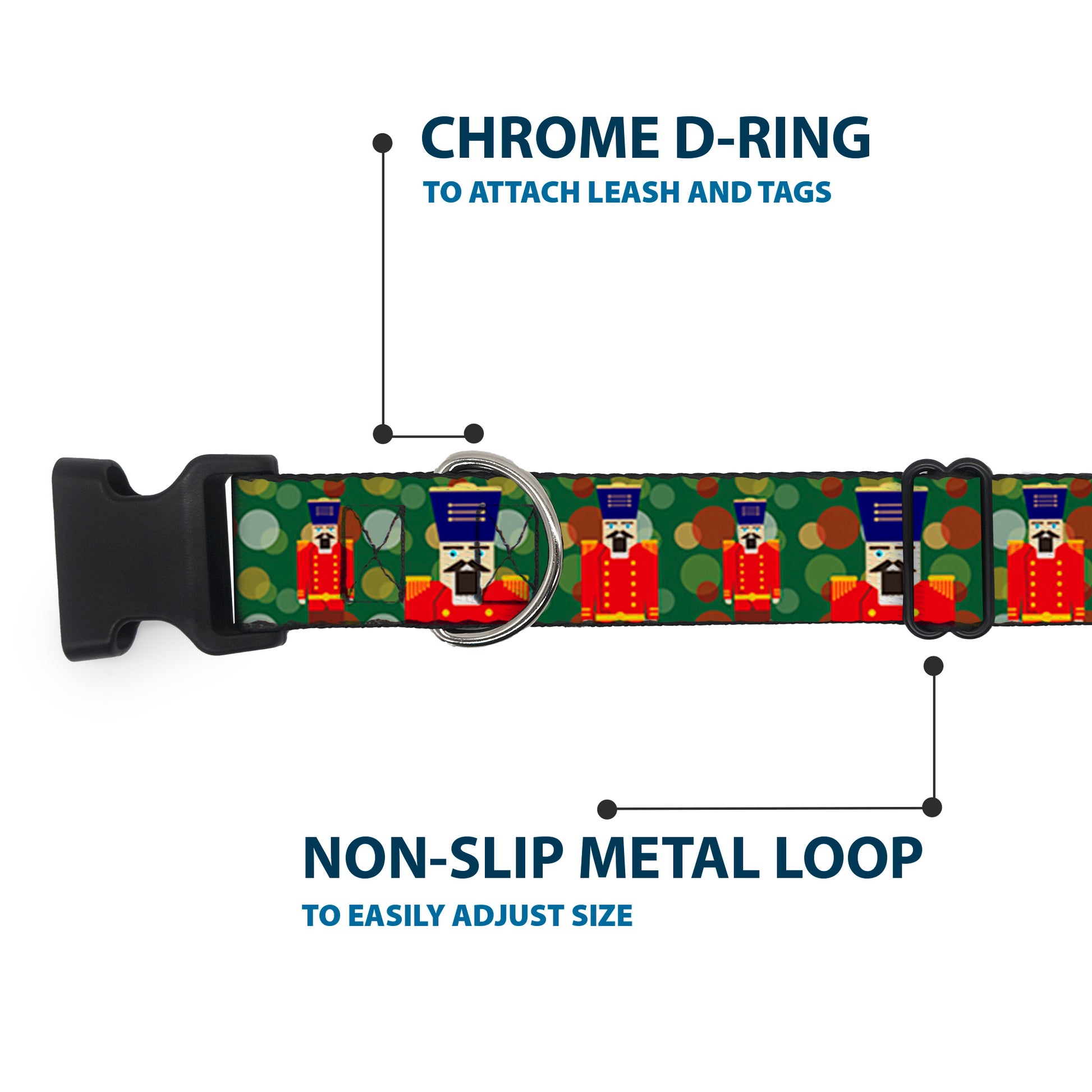 Plastic Clip Collar - Christmas Nutcracker/Polka Dots Greens/Gold/Red Plastic Clip Collars Buckle-Down