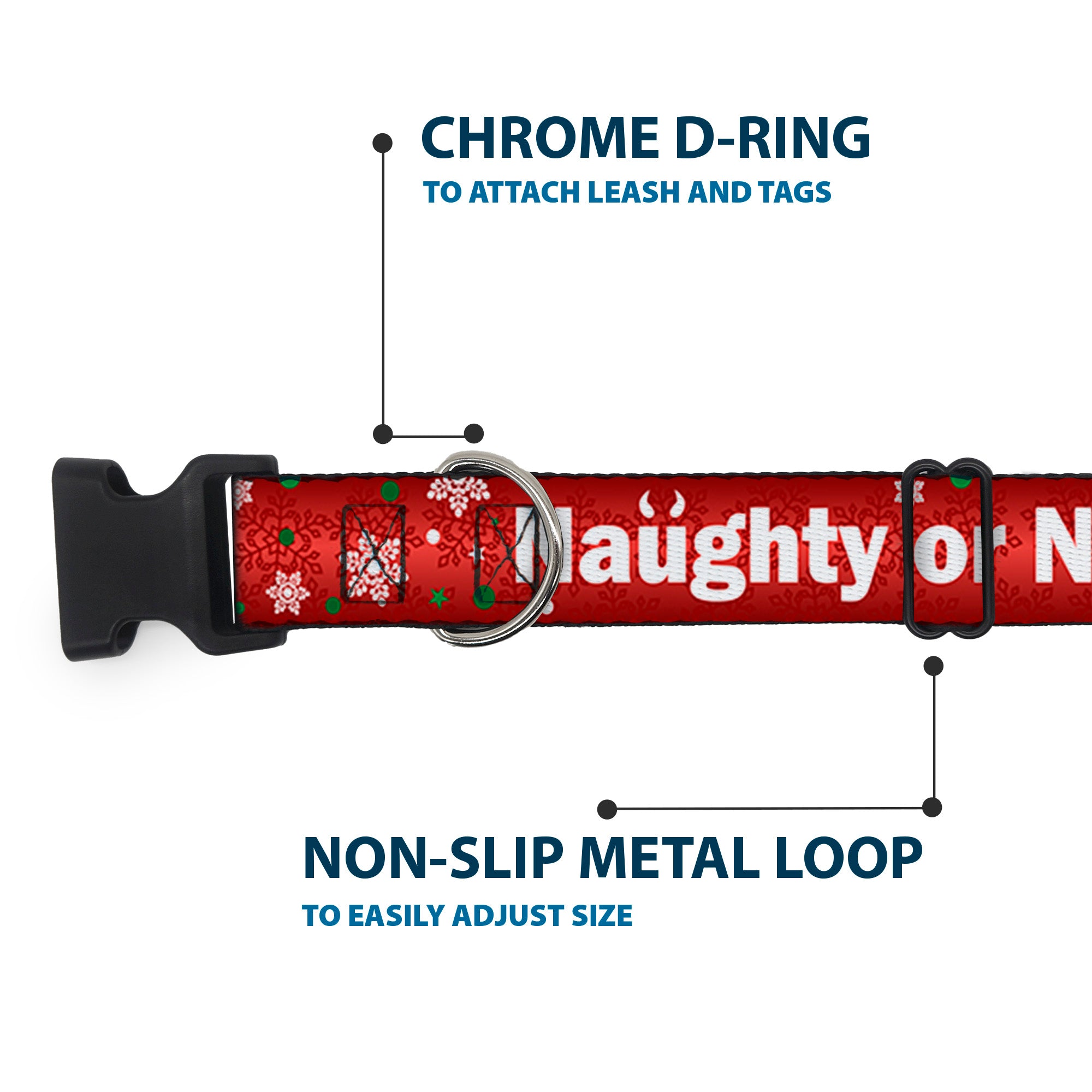 Plastic Clip Collar - Christmas NAUGHTY OR NICE/Snowflakes Reds/White/Green Plastic Clip Collars Buckle-Down