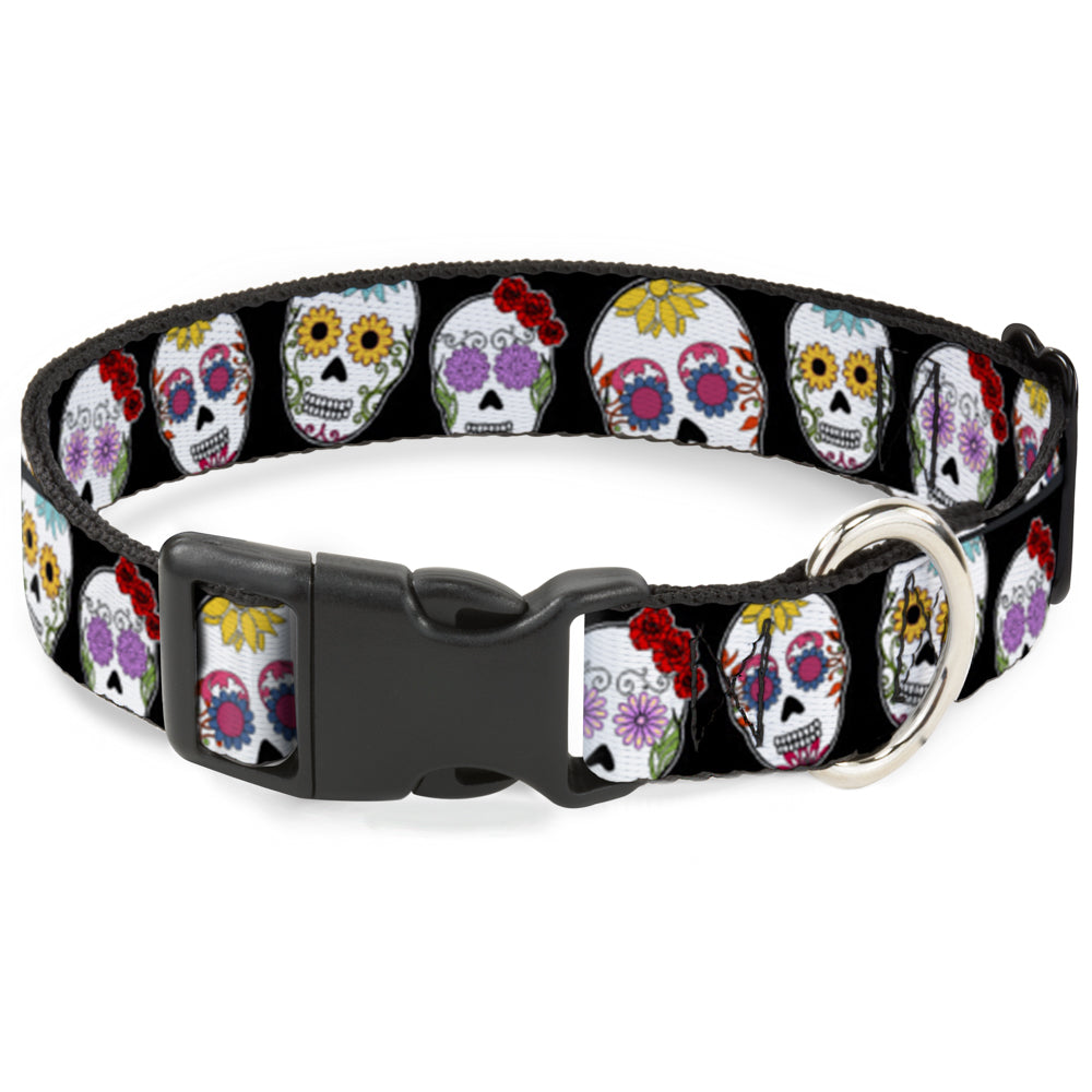 Plastic Clip Collar - Staggered Sugar Skulls CLOSE-UP Black/Multi Color Plastic Clip Collars Buckle-Down
