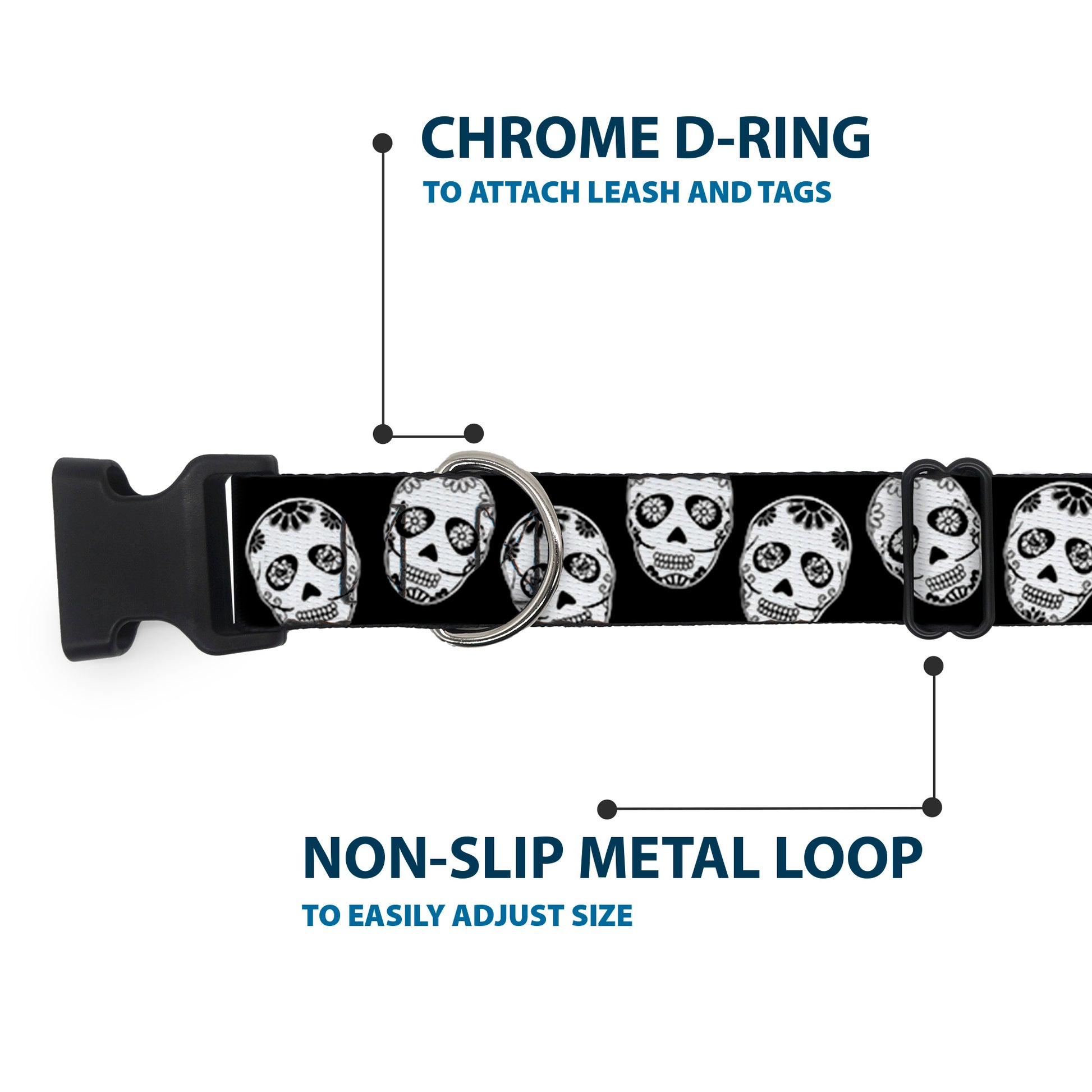 Plastic Clip Collar - Sugar Skulls Black/White/Black Plastic Clip Collars Buckle-Down
