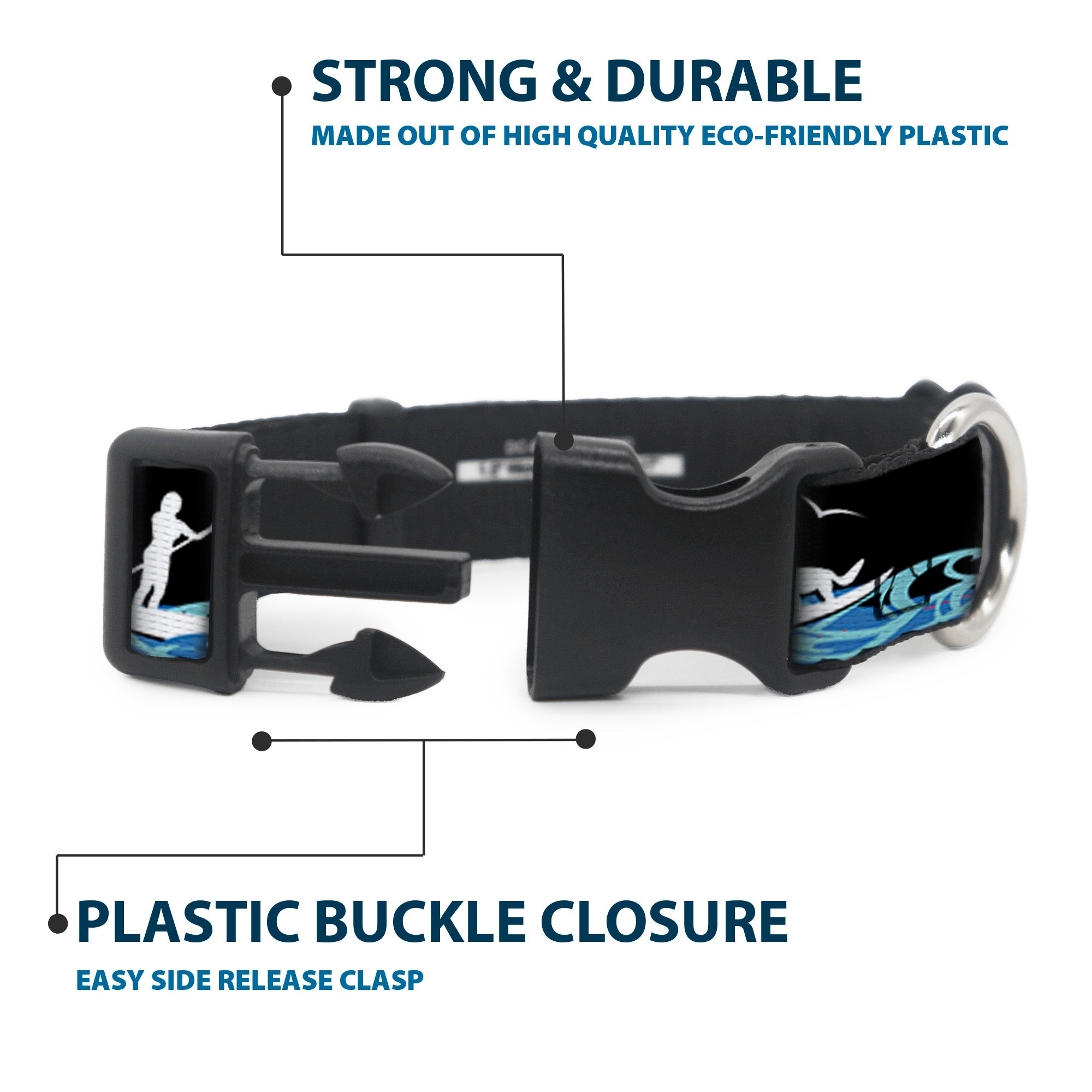 Plastic Clip Collar - SUP w/Dog Black/Blues/White Plastic Clip Collars Buckle-Down