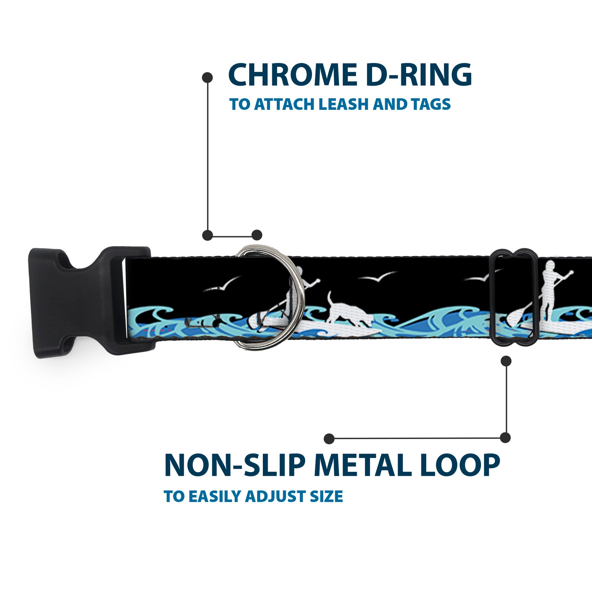 Plastic Clip Collar - SUP w/Dog Black/Blues/White Plastic Clip Collars Buckle-Down