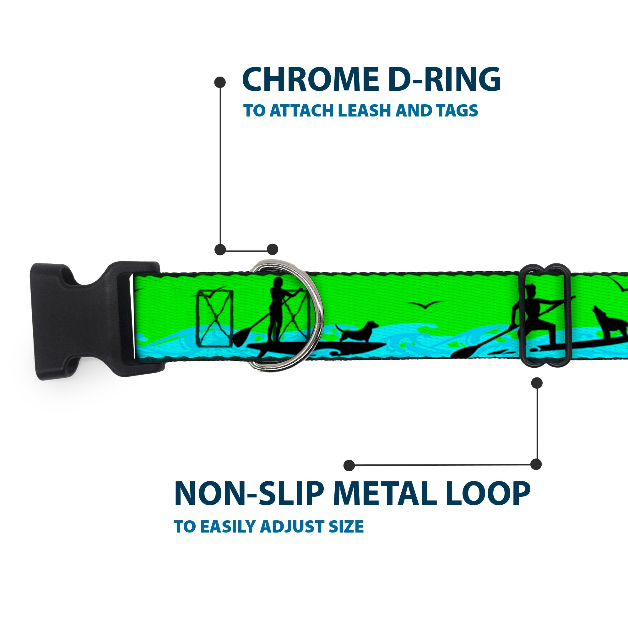 Plastic Clip Collar - SUP w/Dog Neon Green/Blues/Black Plastic Clip Collars Buckle-Down