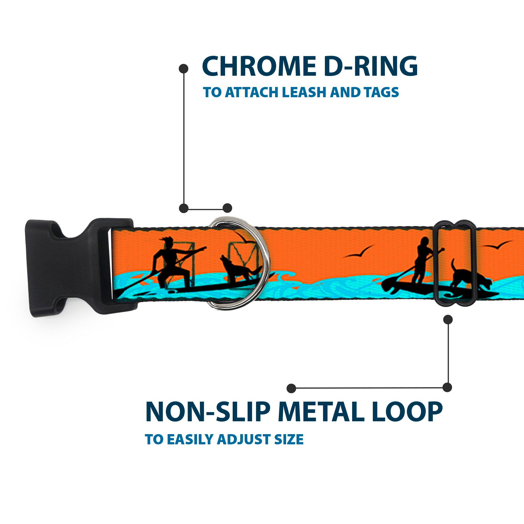 Plastic Clip Collar - SUP w/Dog Neon Orange/Blues/Black Plastic Clip Collars Buckle-Down