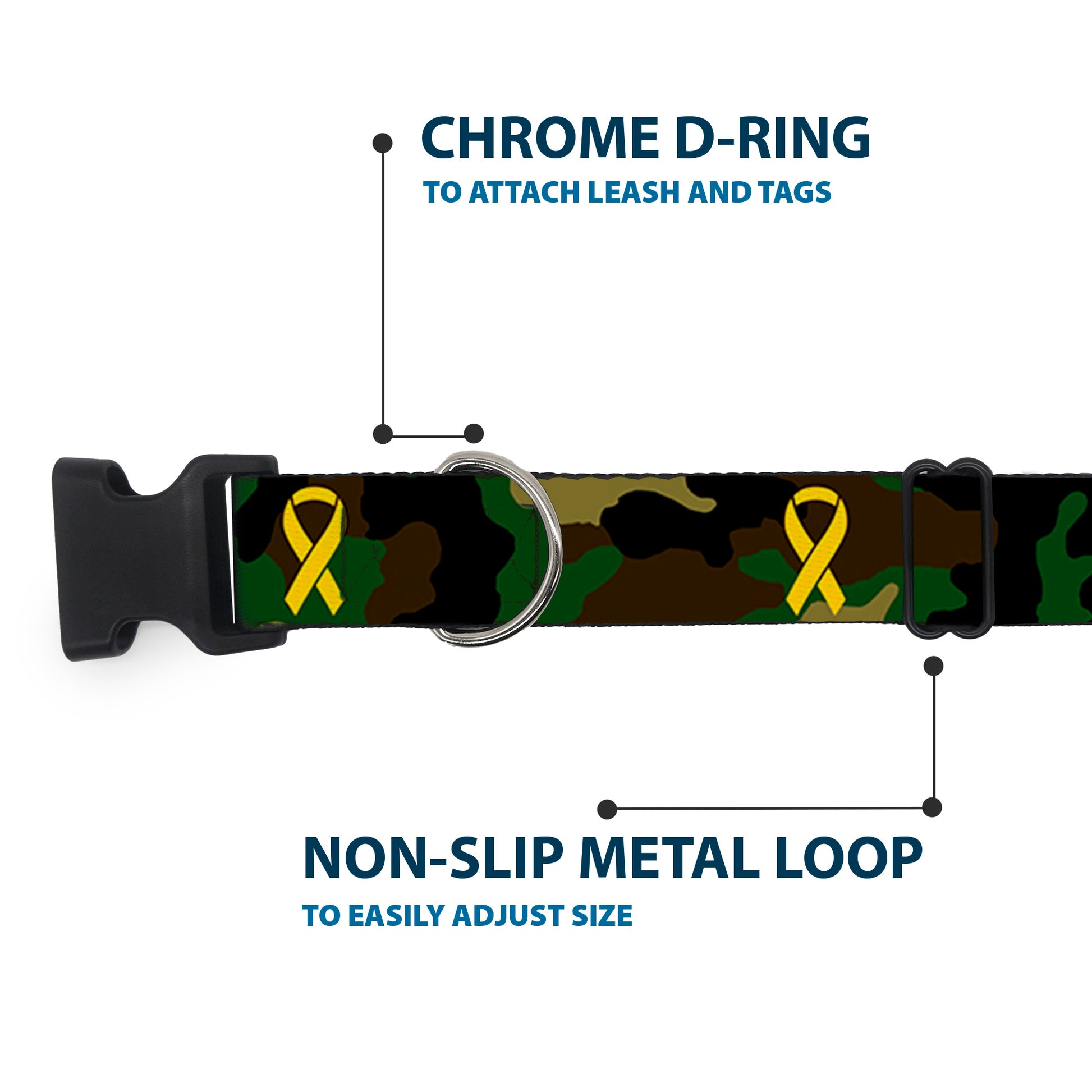 Plastic Clip Collar - Support Our Troops Camo Olive/Yellow Ribbon Plastic Clip Collars Buckle-Down