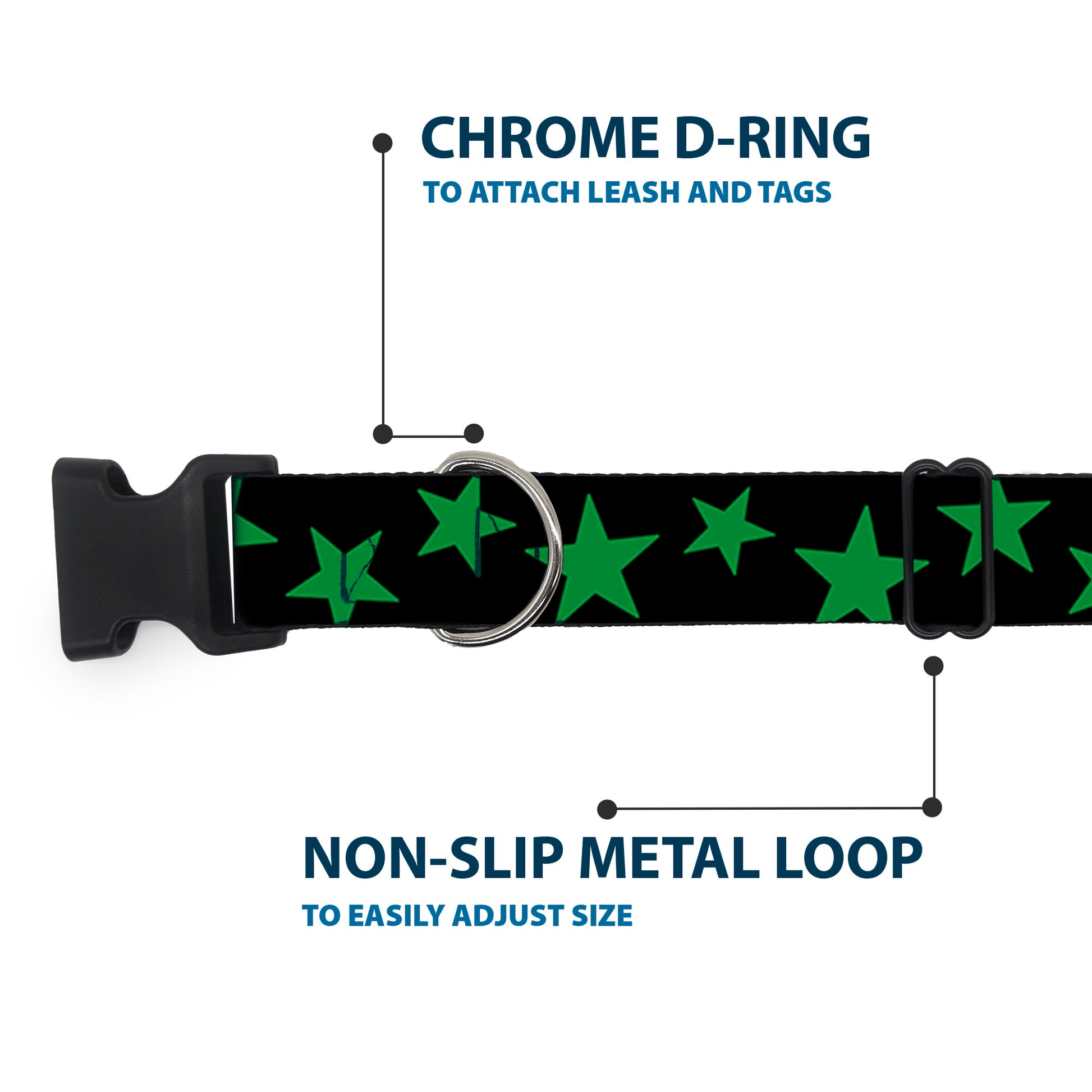 Plastic Clip Collar - Stars Scattered Black/Green Plastic Clip Collars Buckle-Down