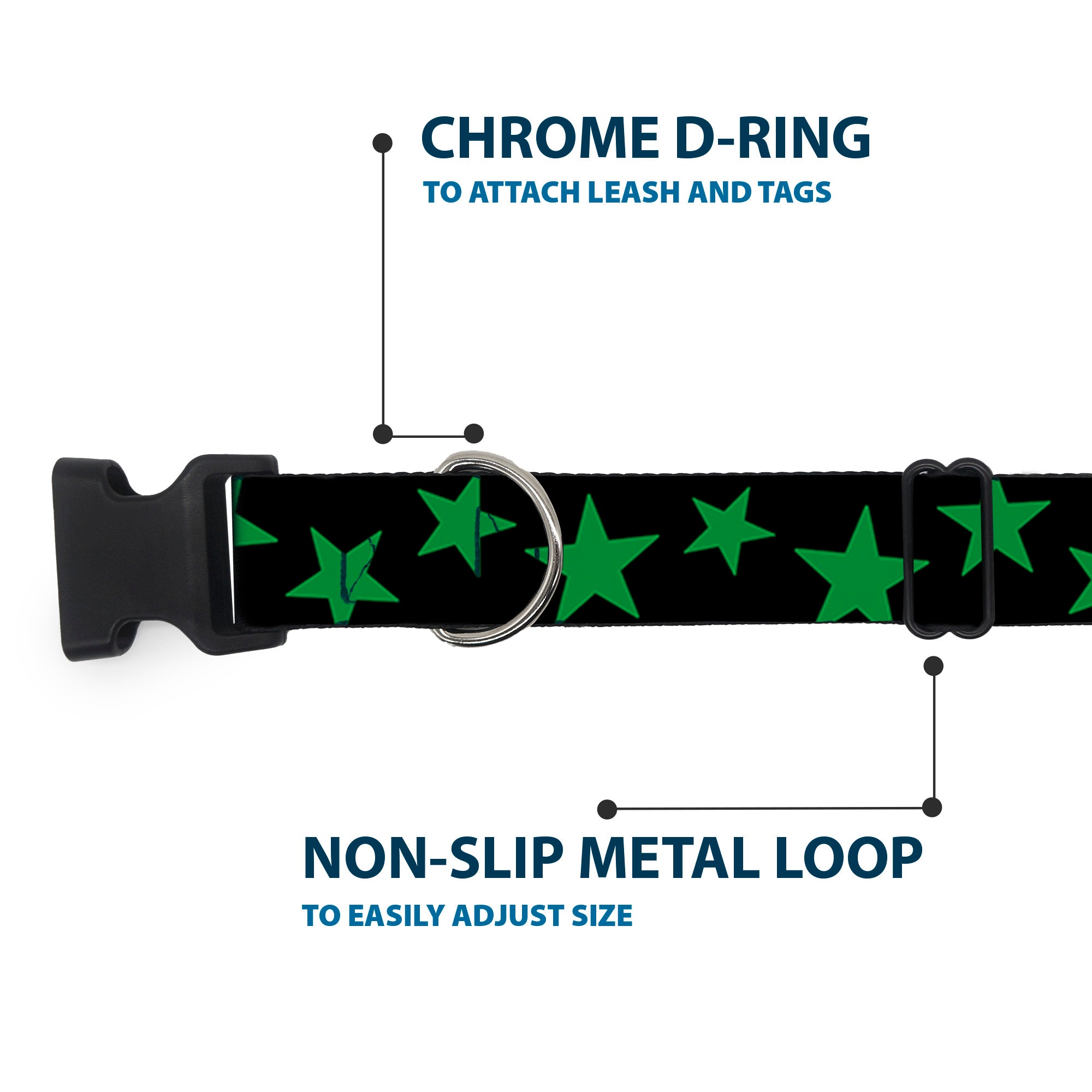 Plastic Clip Collar - Stars Scattered Black/Green Plastic Clip Collars Buckle-Down