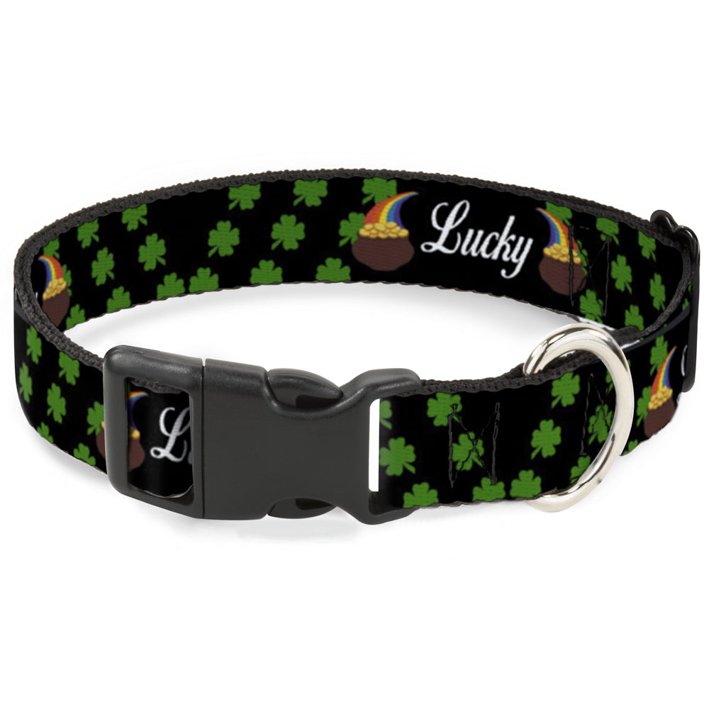 Plastic Clip Collar - St. Pat's LUCKY Pot of Gold/Shamrocks Scattered Black/Green/White Plastic Clip Collars Buckle-Down