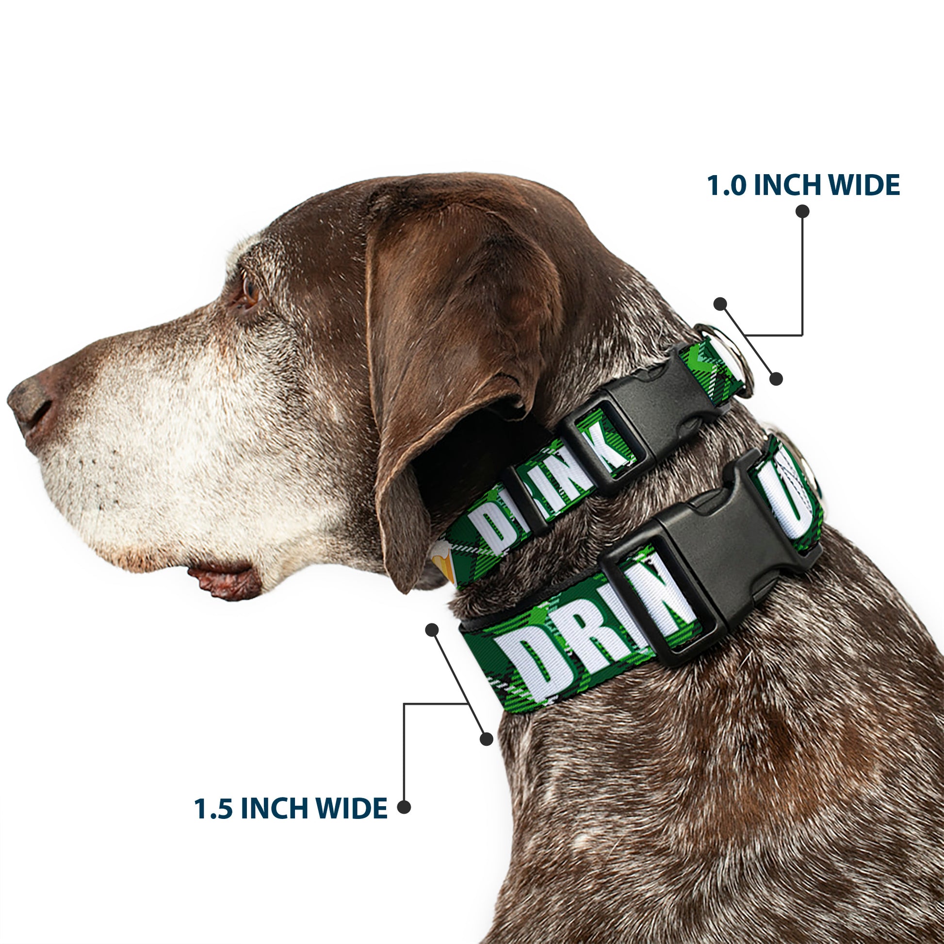 Plastic Clip Collar - St. Pat's DRINK UP BITCHES/Beer Mugs/Stacked Shamrocks Greens/White/Gold Plastic Clip Collars Buckle-Down