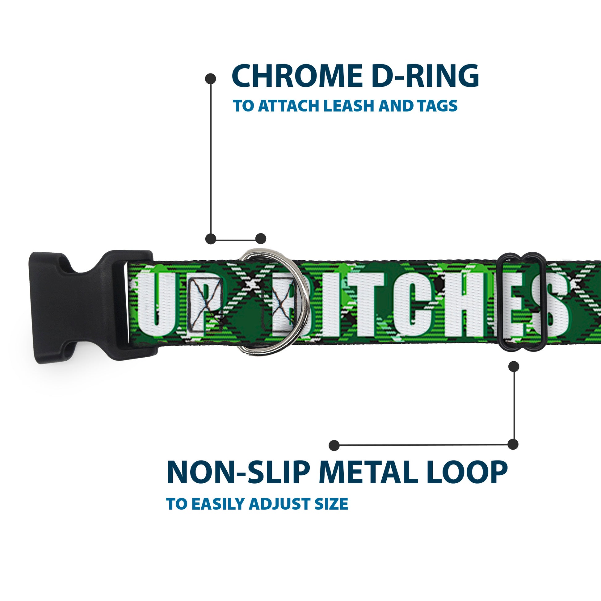 Plastic Clip Collar - St. Pat's DRINK UP BITCHES/Beer Mugs/Stacked Shamrocks Greens/White/Gold Plastic Clip Collars Buckle-Down