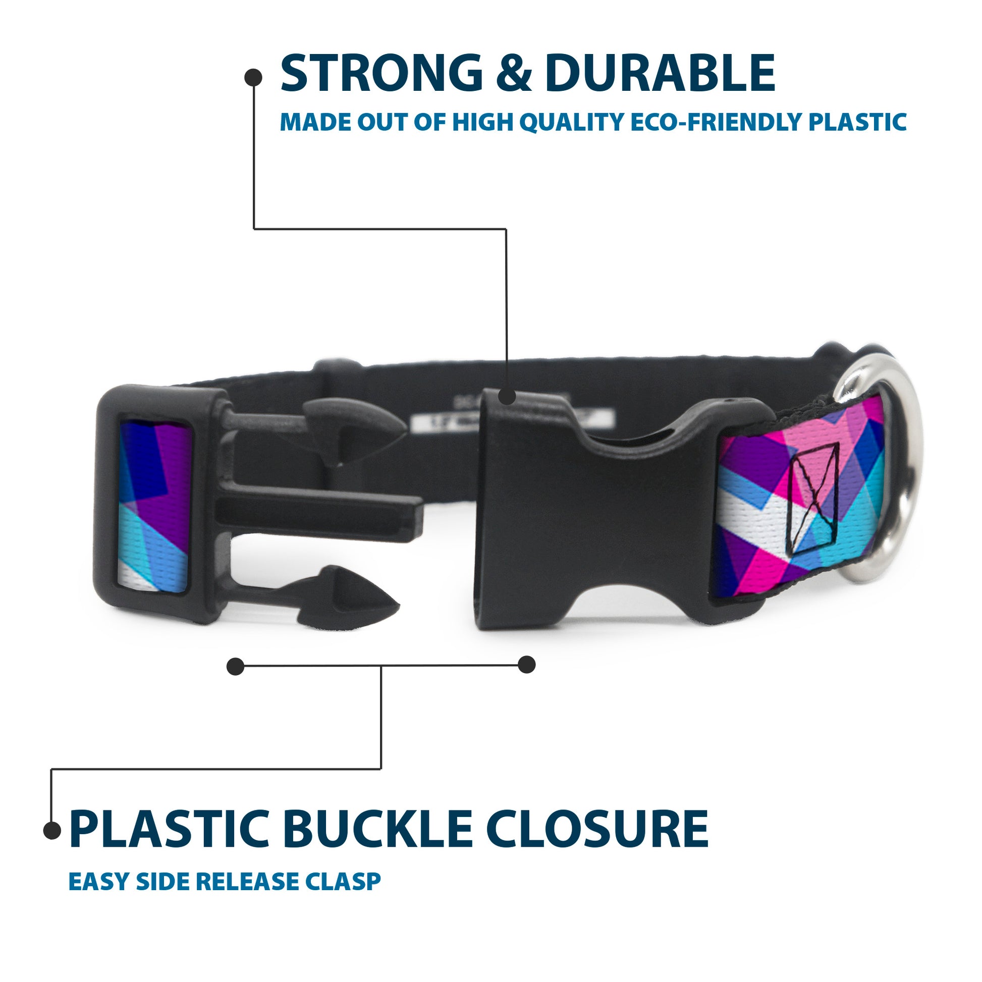 Plastic Clip Collar - Squares Stacked Blues/Pinks/Purples Plastic Clip Collars Buckle-Down