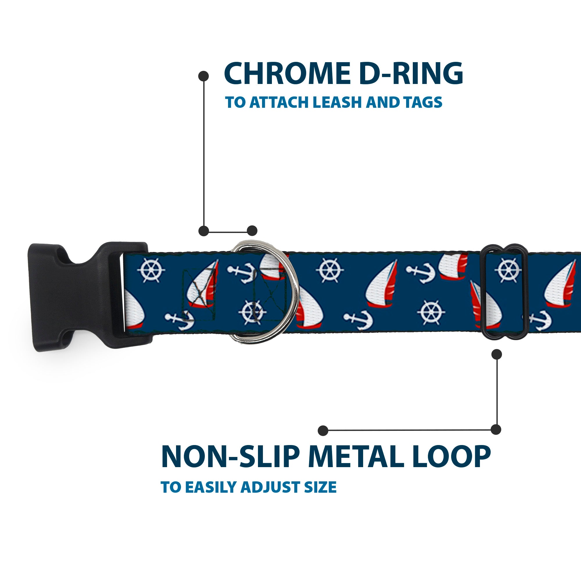 Plastic Clip Collar - Sailboat/Anchor/Helm Scattered Navy/White/Red Plastic Clip Collars Buckle-Down