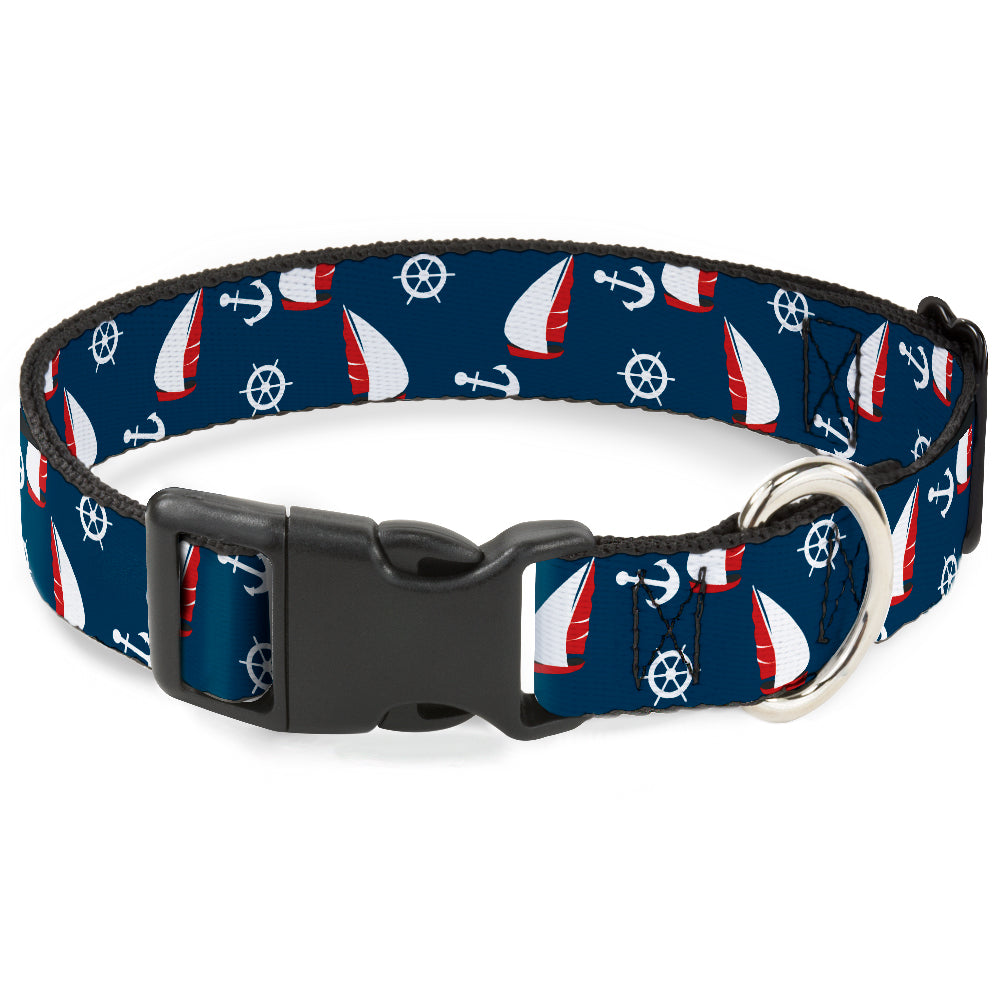 Plastic Clip Collar - Sailboat/Anchor/Helm Scattered Navy/White/Red Plastic Clip Collars Buckle-Down