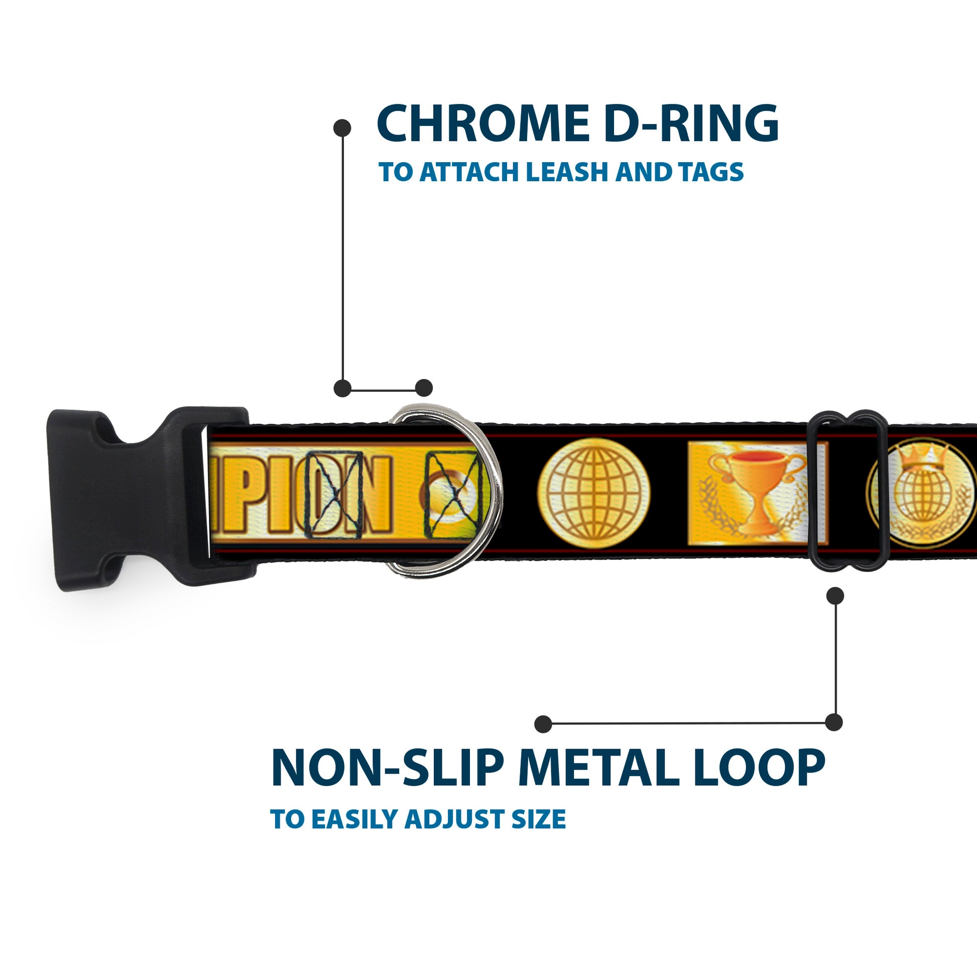 Plastic Clip Collar - CHAMPION Belt/Icons Black/Golds Plastic Clip Collars Buckle-Down