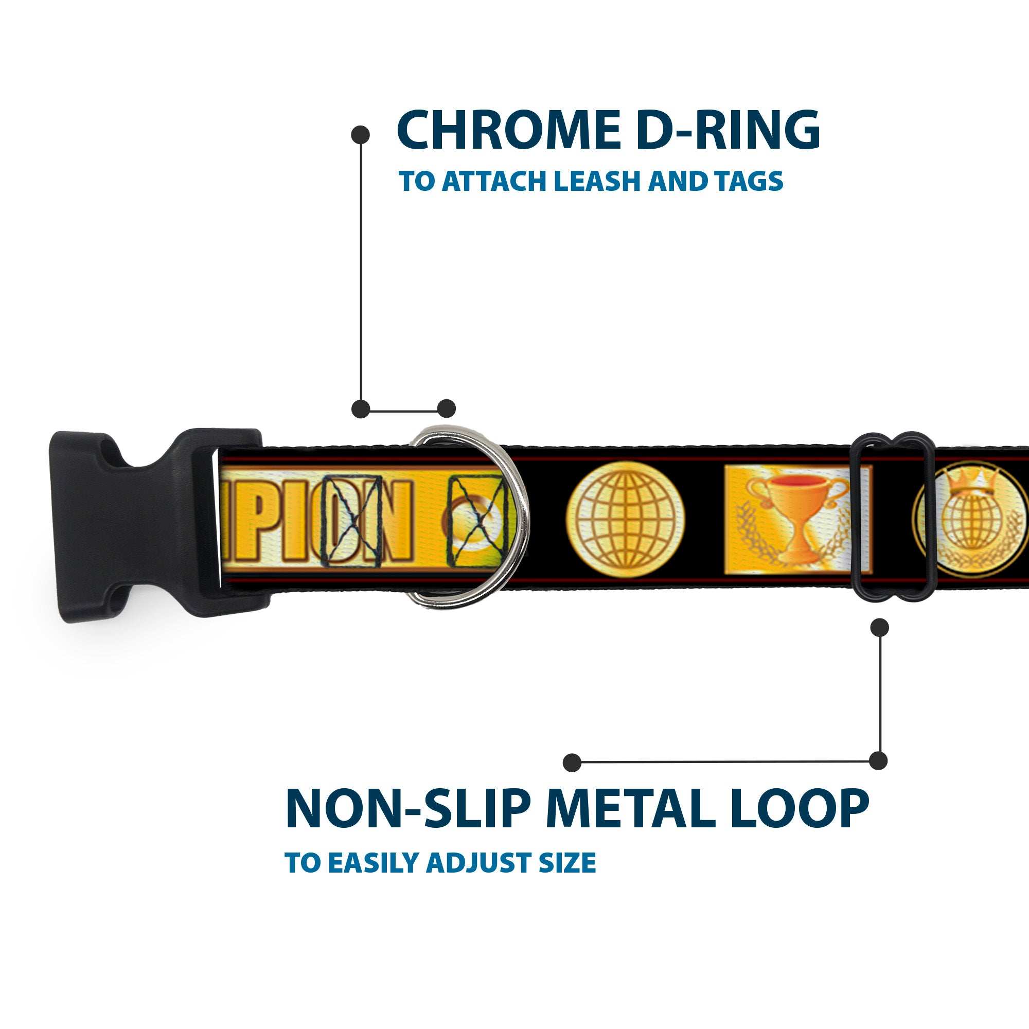 Plastic Clip Collar - CHAMPION Belt/Icons Black/Golds Plastic Clip Collars Buckle-Down