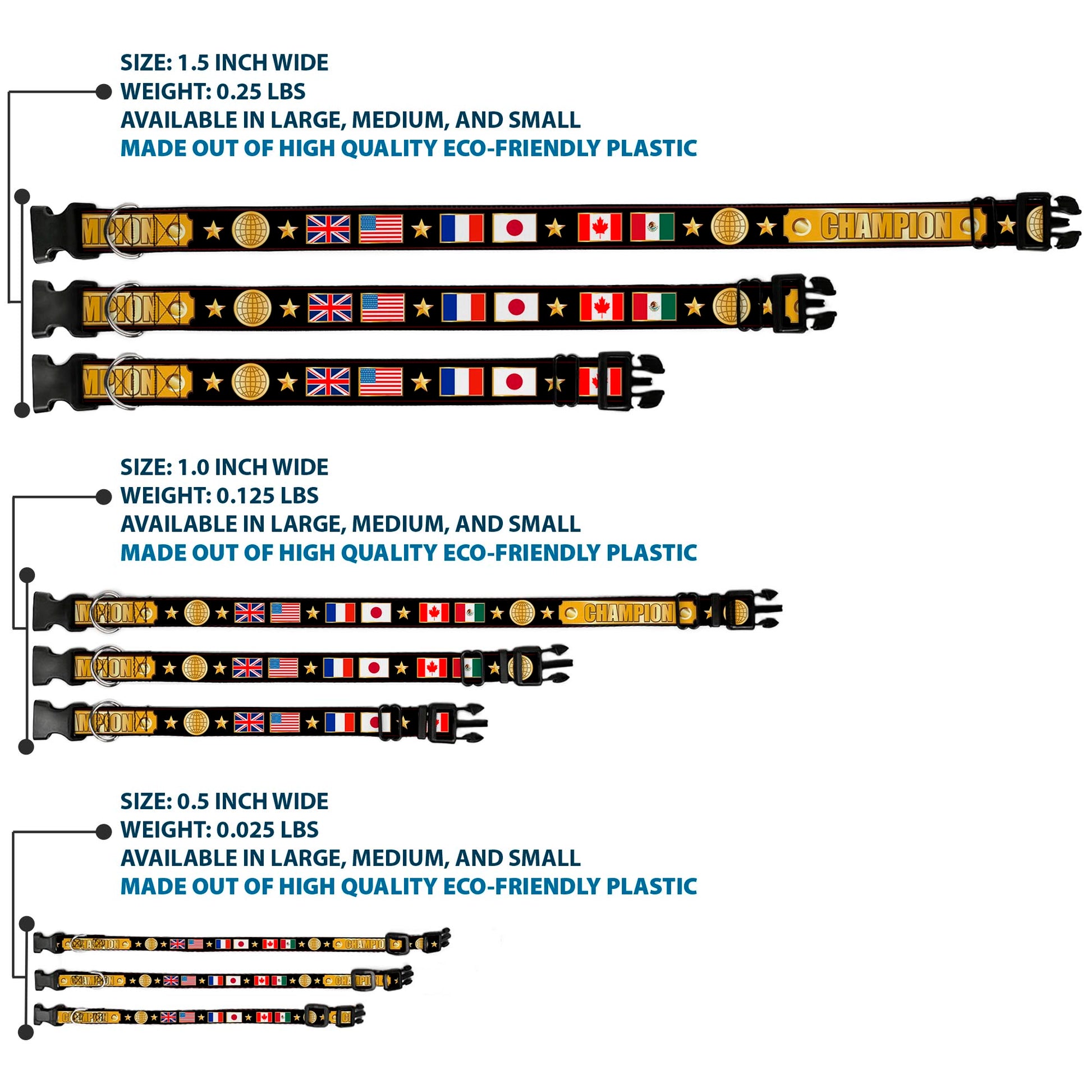 Plastic Clip Collar - CHAMPION Belt/Flags/Stars Black/Golds Plastic Clip Collars Buckle-Down