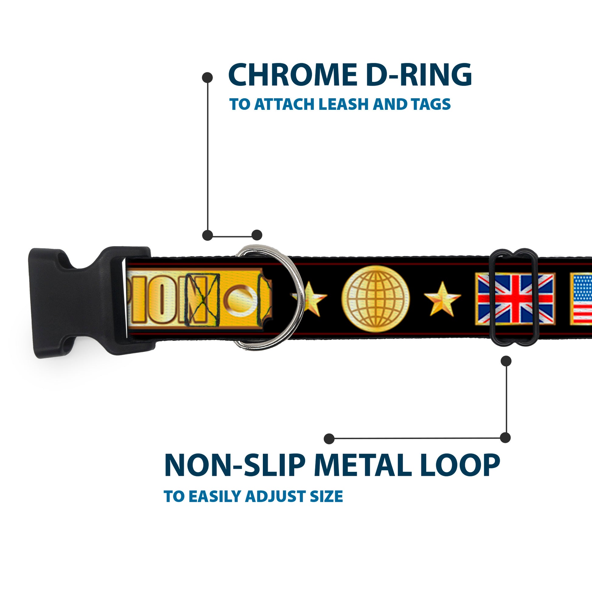Plastic Clip Collar - CHAMPION Belt/Flags/Stars Black/Golds Plastic Clip Collars Buckle-Down