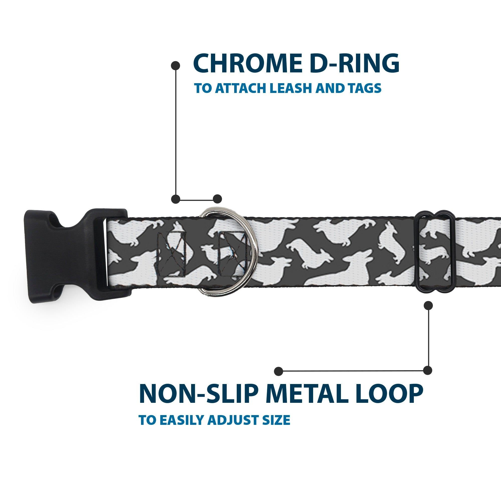 Plastic Clip Collar - Corgi Silhouette Poses Grays Plastic Clip Collars Buckle-Down