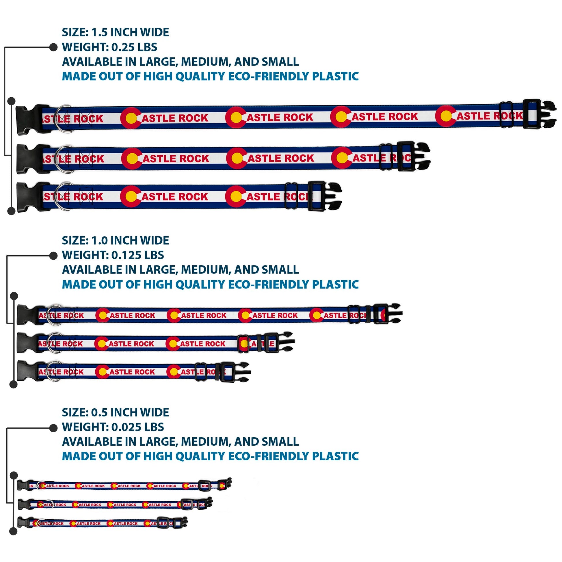 Plastic Clip Collar - Colorado CASTLE ROCK Flag Blue/White/Red/Yellows Plastic Clip Collars Buckle-Down