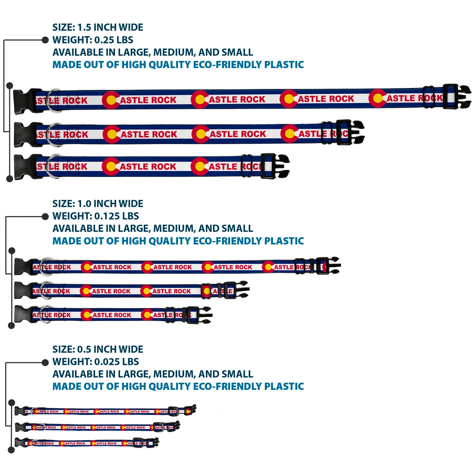 Plastic Clip Collar - Colorado CASTLE ROCK Flag Blue/White/Red/Yellows Plastic Clip Collars Buckle-Down