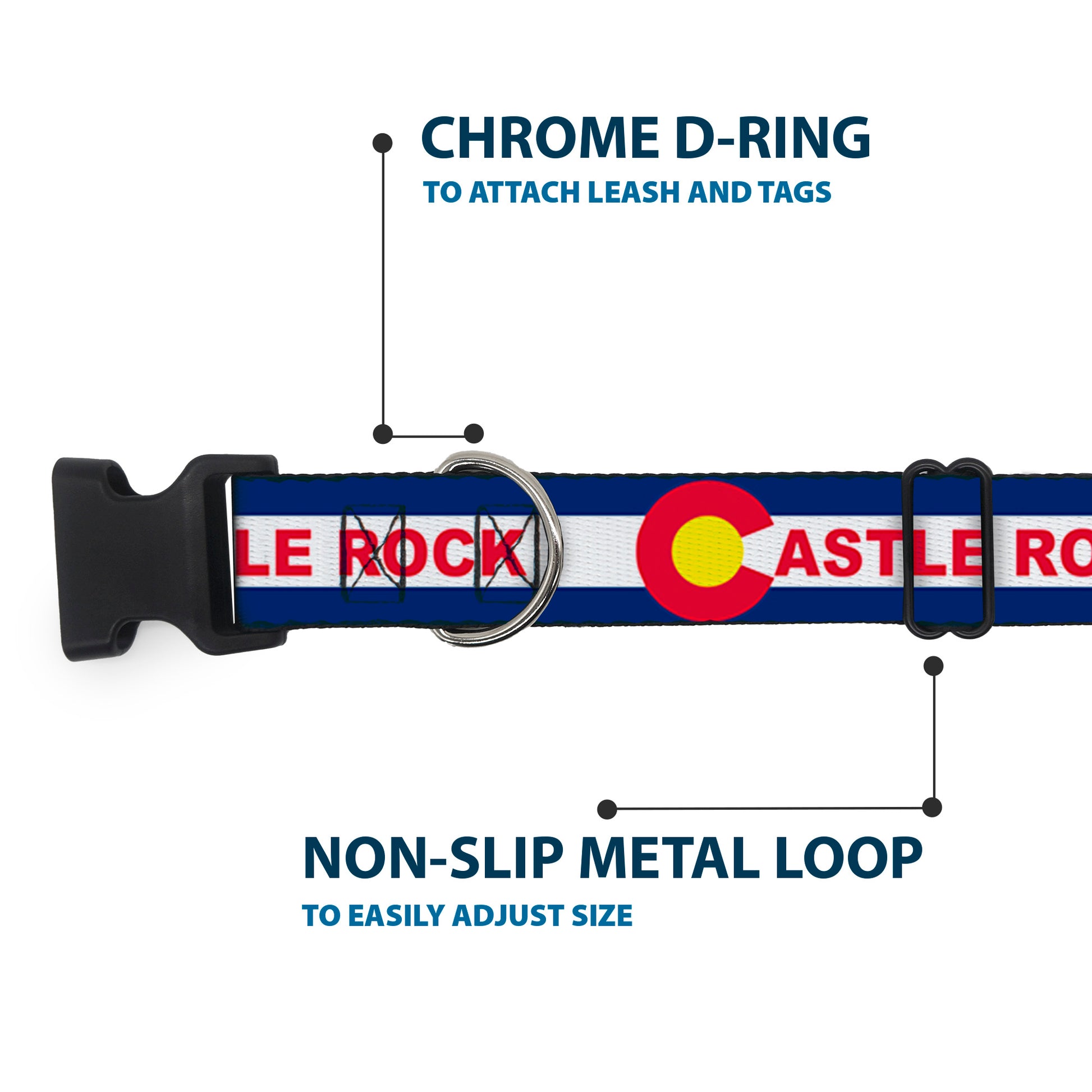 Plastic Clip Collar - Colorado CASTLE ROCK Flag Blue/White/Red/Yellows Plastic Clip Collars Buckle-Down