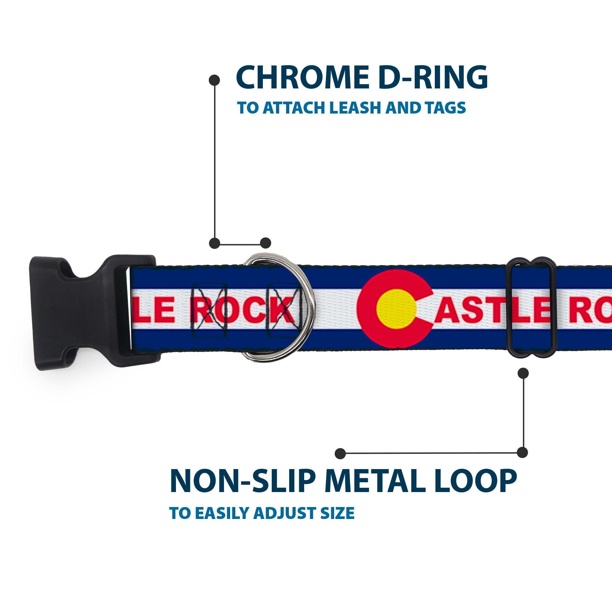Plastic Clip Collar - Colorado CASTLE ROCK Flag Blue/White/Red/Yellows Plastic Clip Collars Buckle-Down