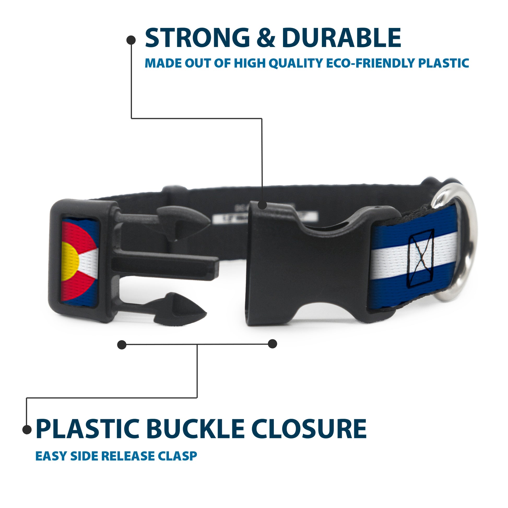 Plastic Clip Collar - COLORADO Text Flag Blue/White/Red/Yellow Plastic Clip Collars Buckle-Down