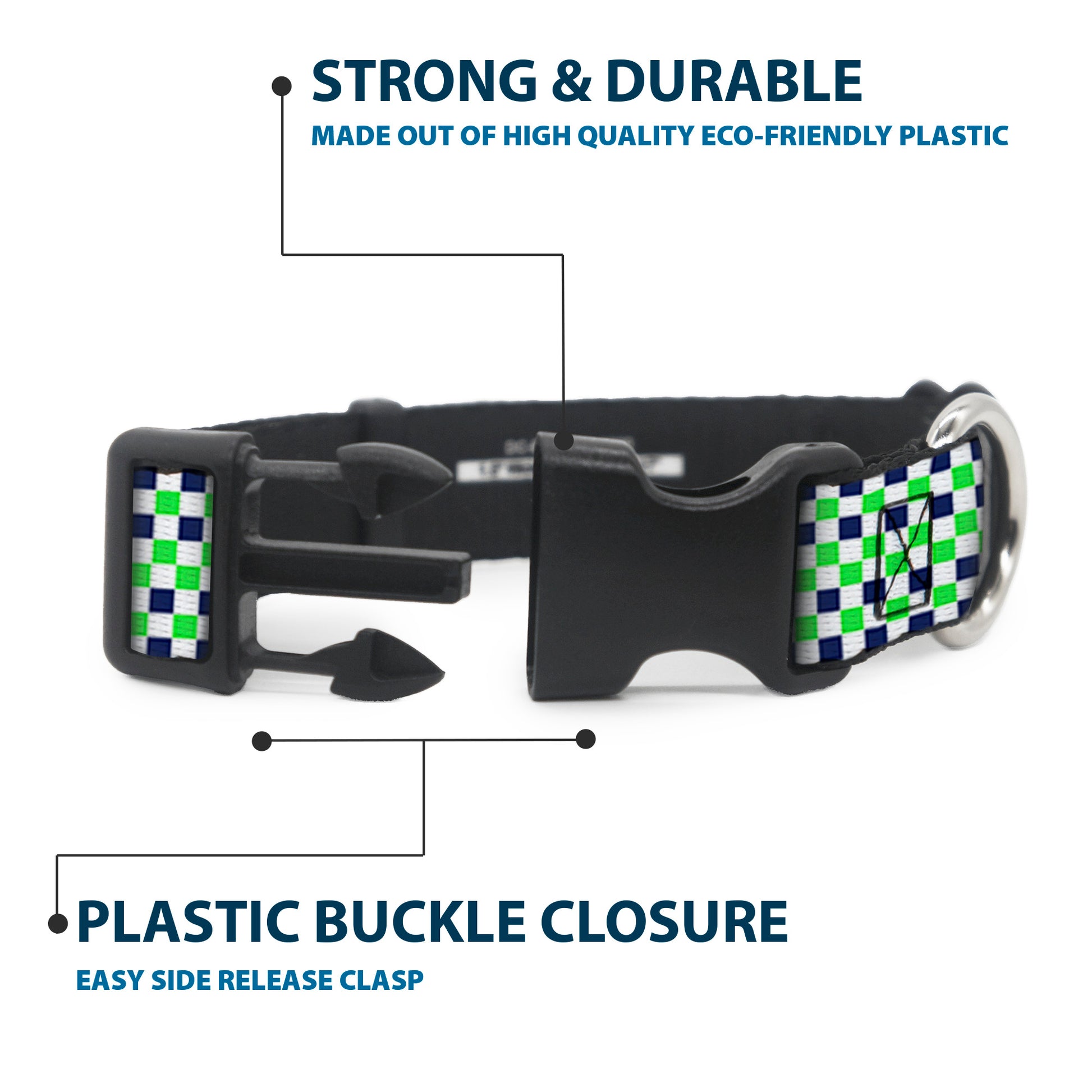 Plastic Clip Collar - Checker Blocks White/Navy/Neon Green Plastic Clip Collars Buckle-Down