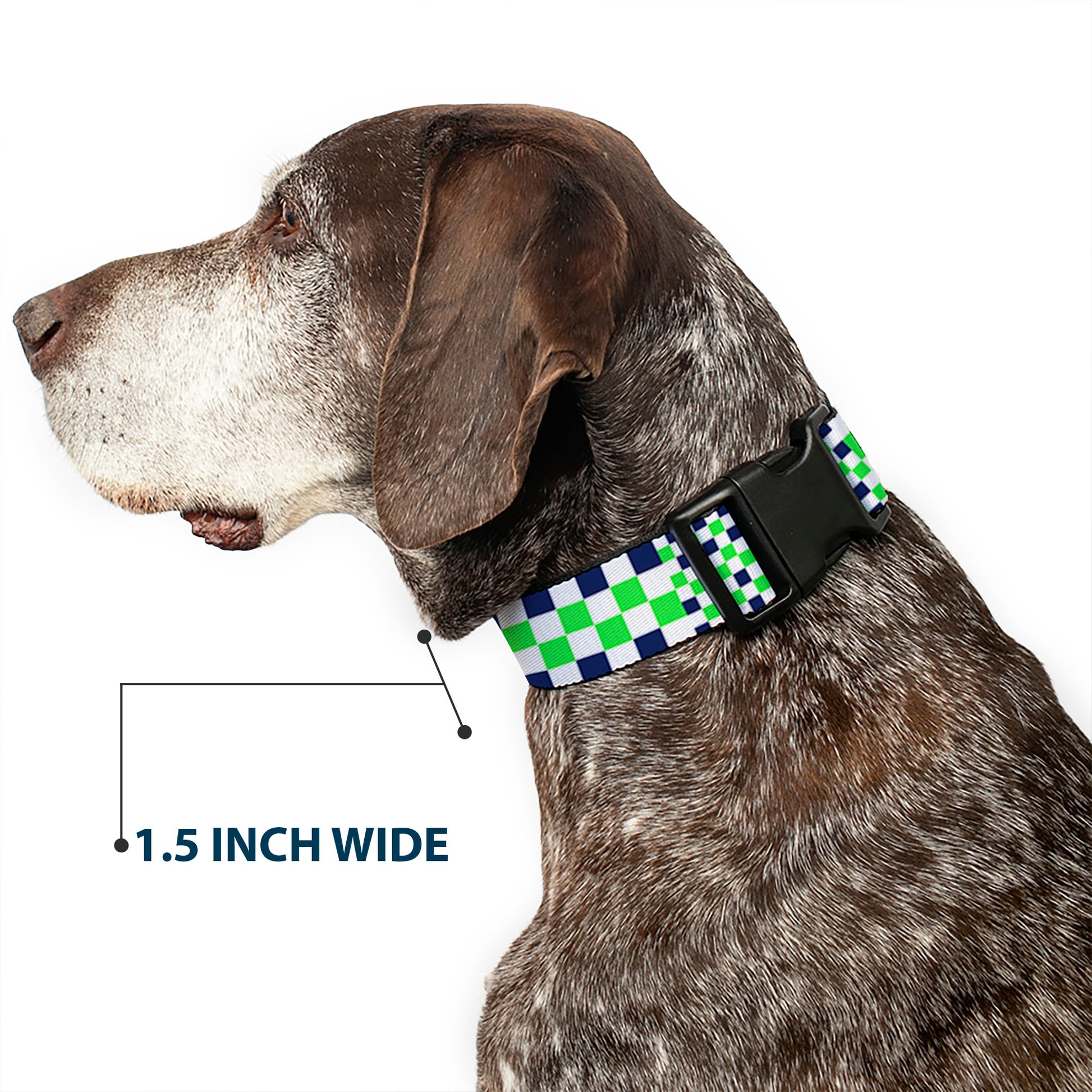 Plastic Clip Collar - Checker Blocks White/Navy/Neon Green Plastic Clip Collars Buckle-Down
