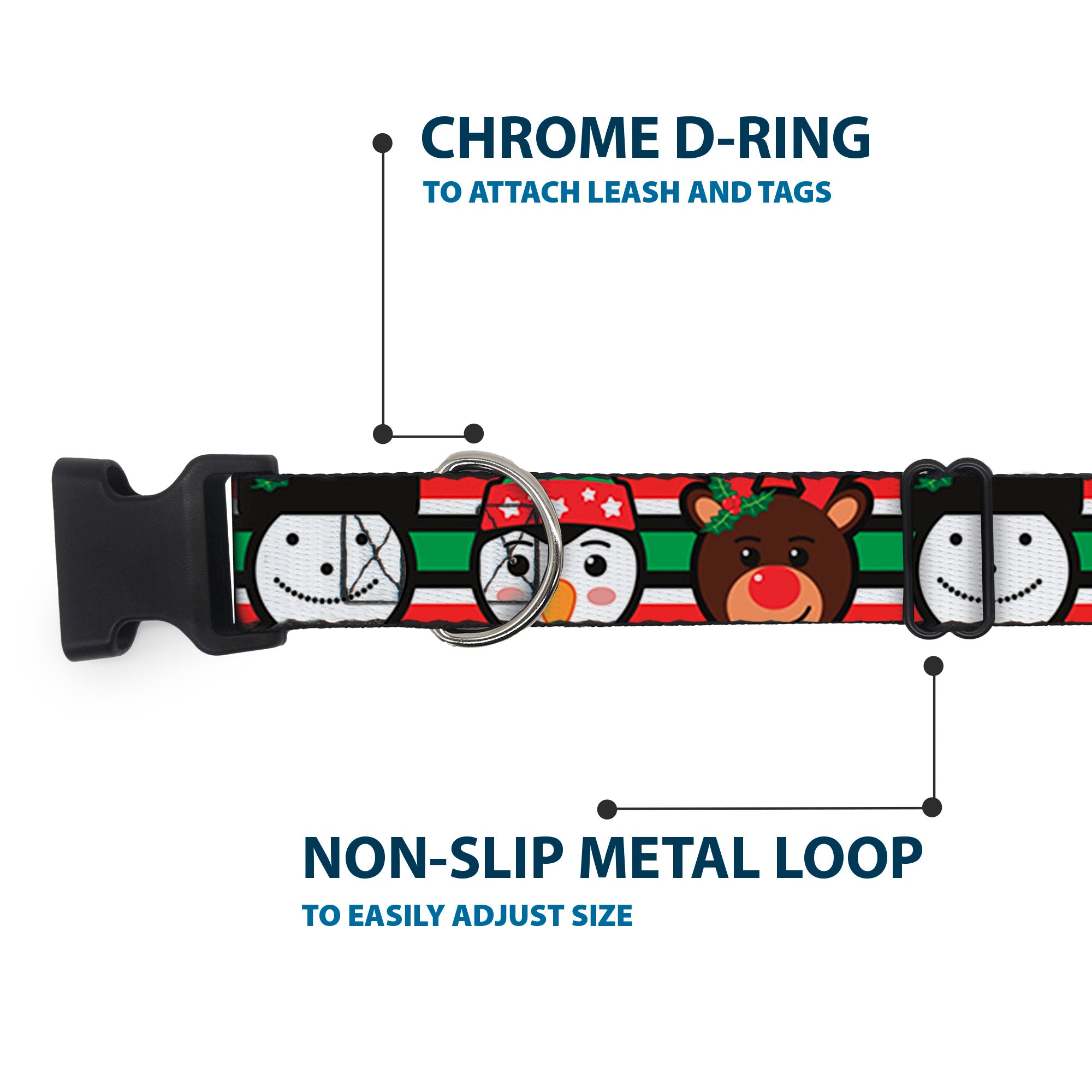 Plastic Clip Collar - Christmas Penguin/Reindeer/Snowman Stripe Red/White/Black/Green Plastic Clip Collars Buckle-Down