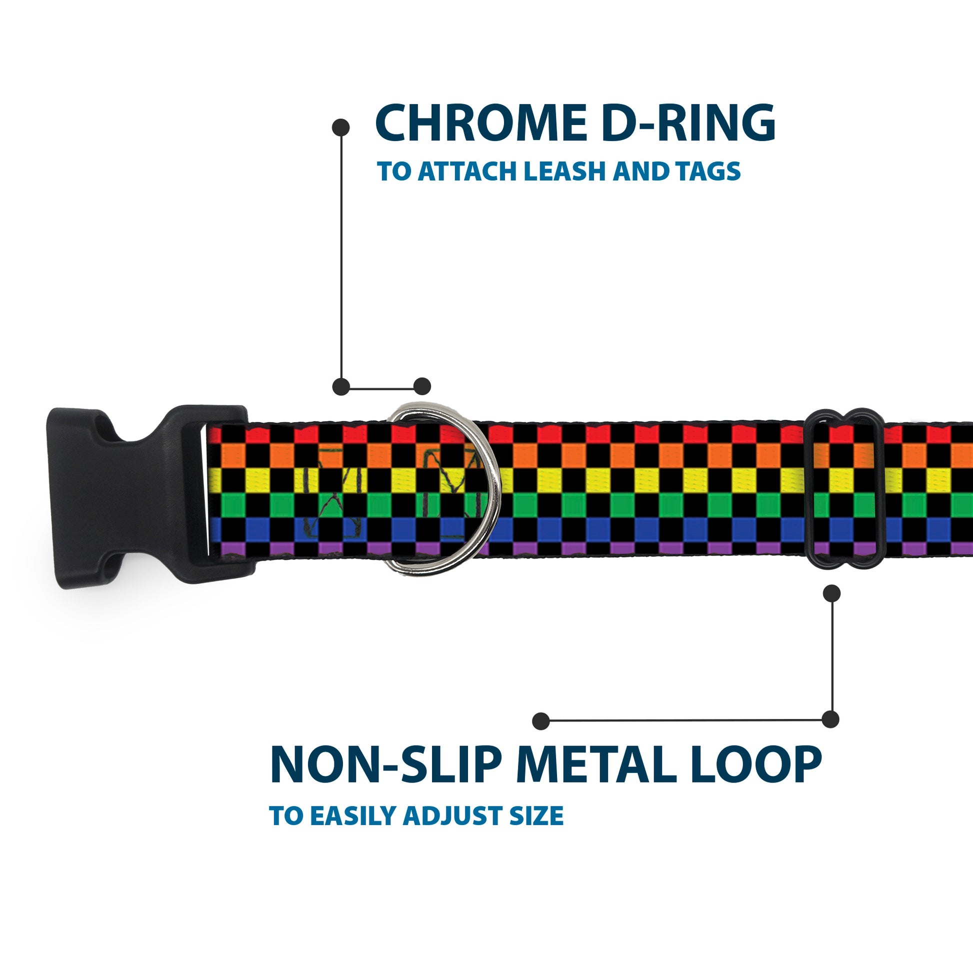 Plastic Clip Collar - Checker Black/Rainbow Multi Color Plastic Clip Collars Buckle-Down