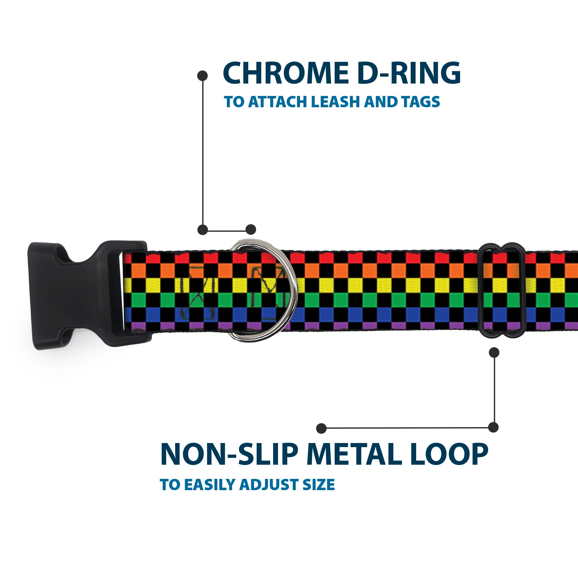 Plastic Clip Collar - Checker Black/Rainbow Multi Color Plastic Clip Collars Buckle-Down
