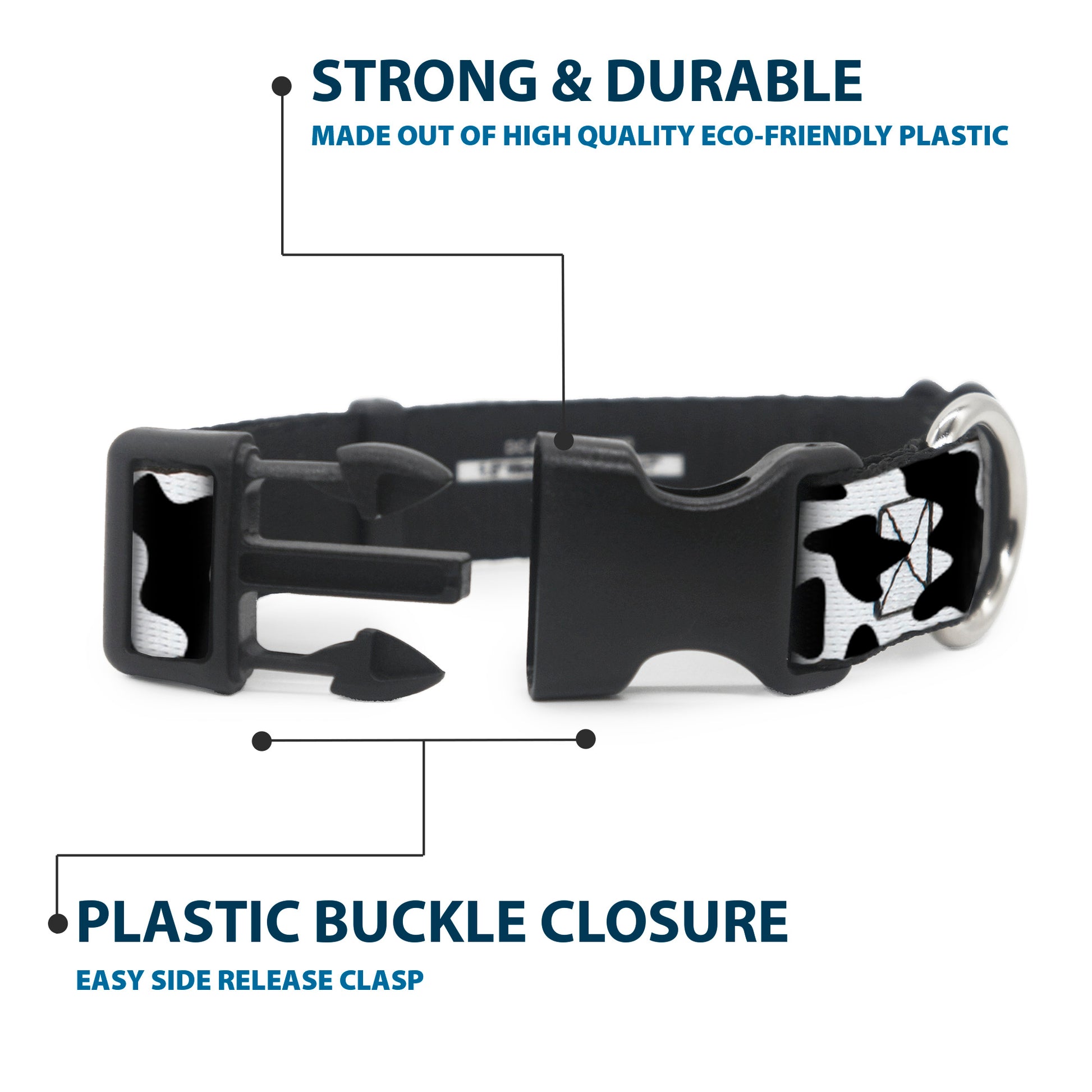 Plastic Clip Collar - Cow Pattern Print White/Black Plastic Clip Collars Buckle-Down