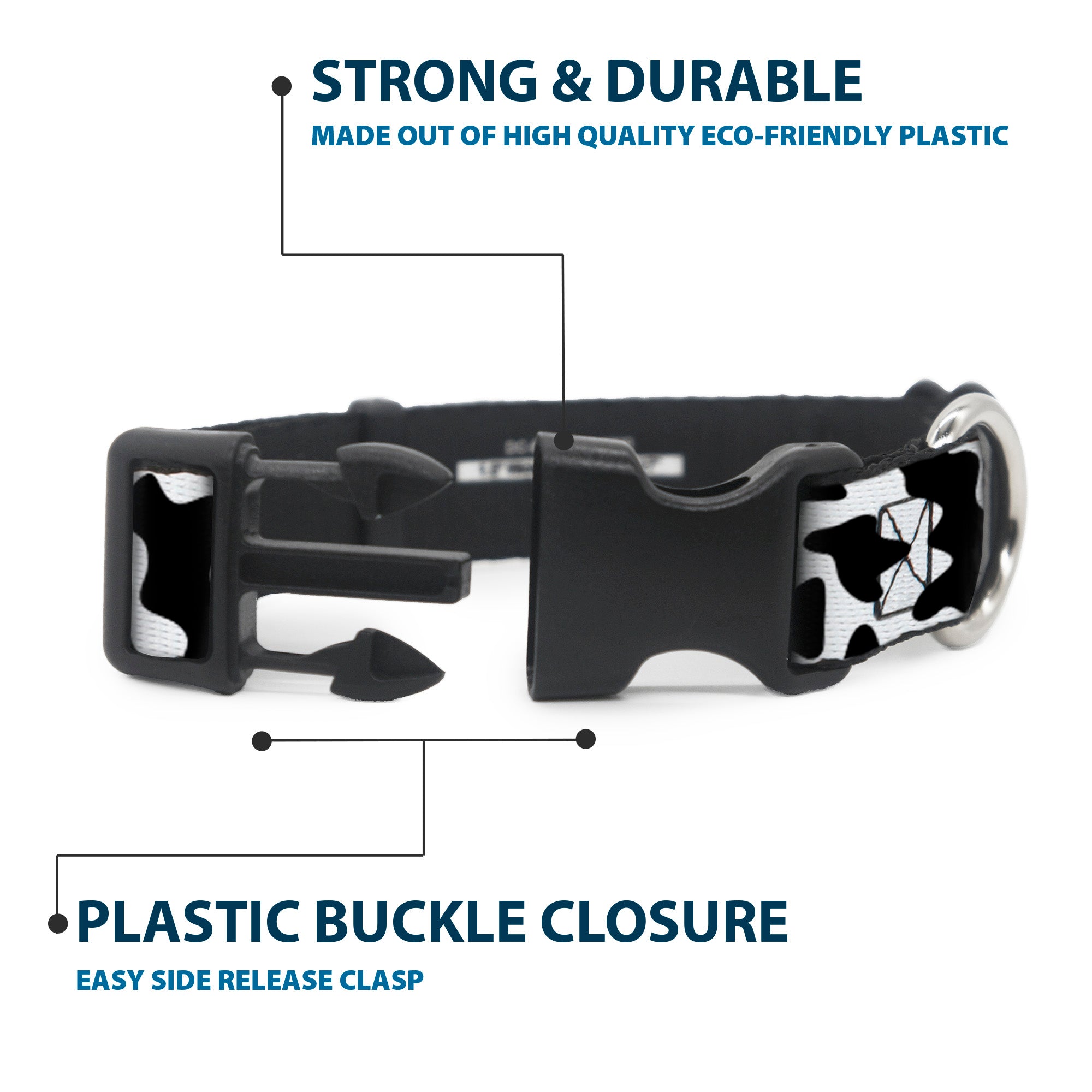 Plastic Clip Collar - Cow Pattern Print White/Black Plastic Clip Collars Buckle-Down