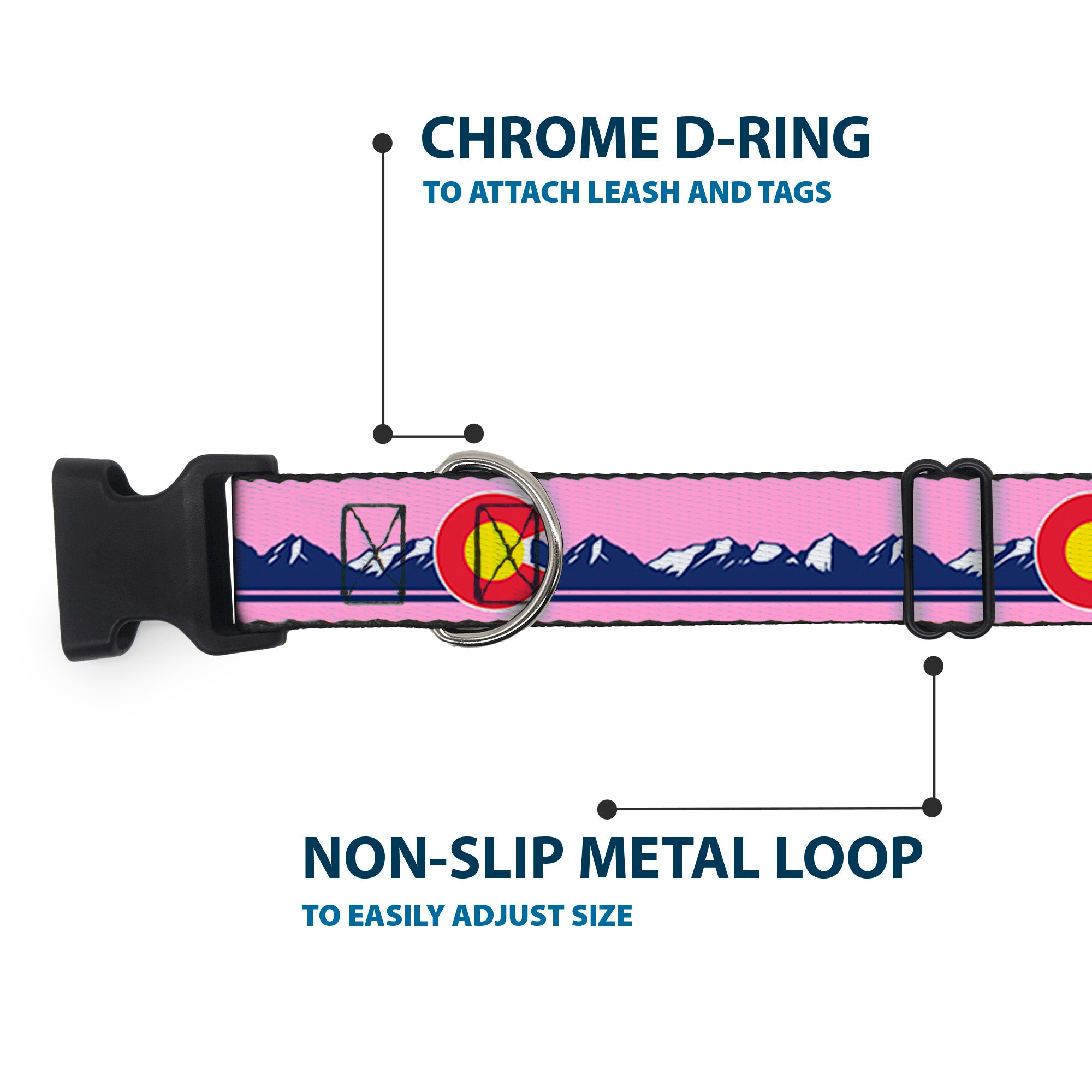 Plastic Clip Collar - Colorado Flag Icon Mountain Skyline Pink/Blue/White Plastic Clip Collars Buckle-Down