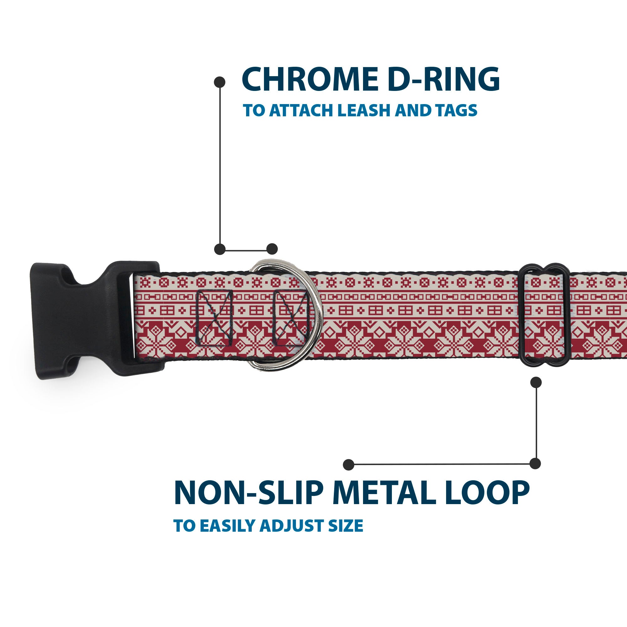 Plastic Clip Collar - Christmas Holiday Fair Isle Stitch Pattern White/Red Plastic Clip Collars Buckle-Down