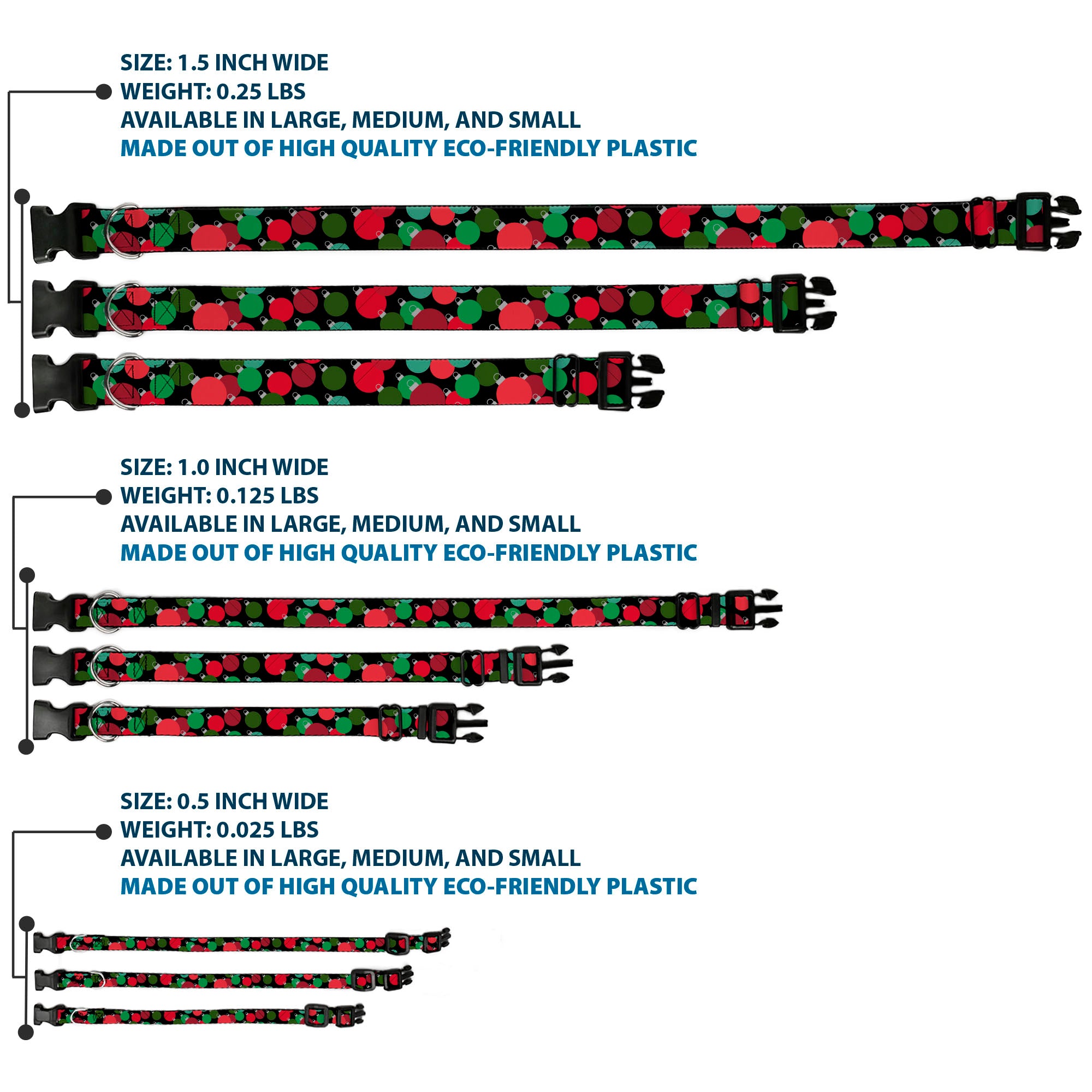 Plastic Clip Collar - Christmas Holiday Globe Ball Ornaments Stacked Black/Reds/Greens Plastic Clip Collars Buckle-Down