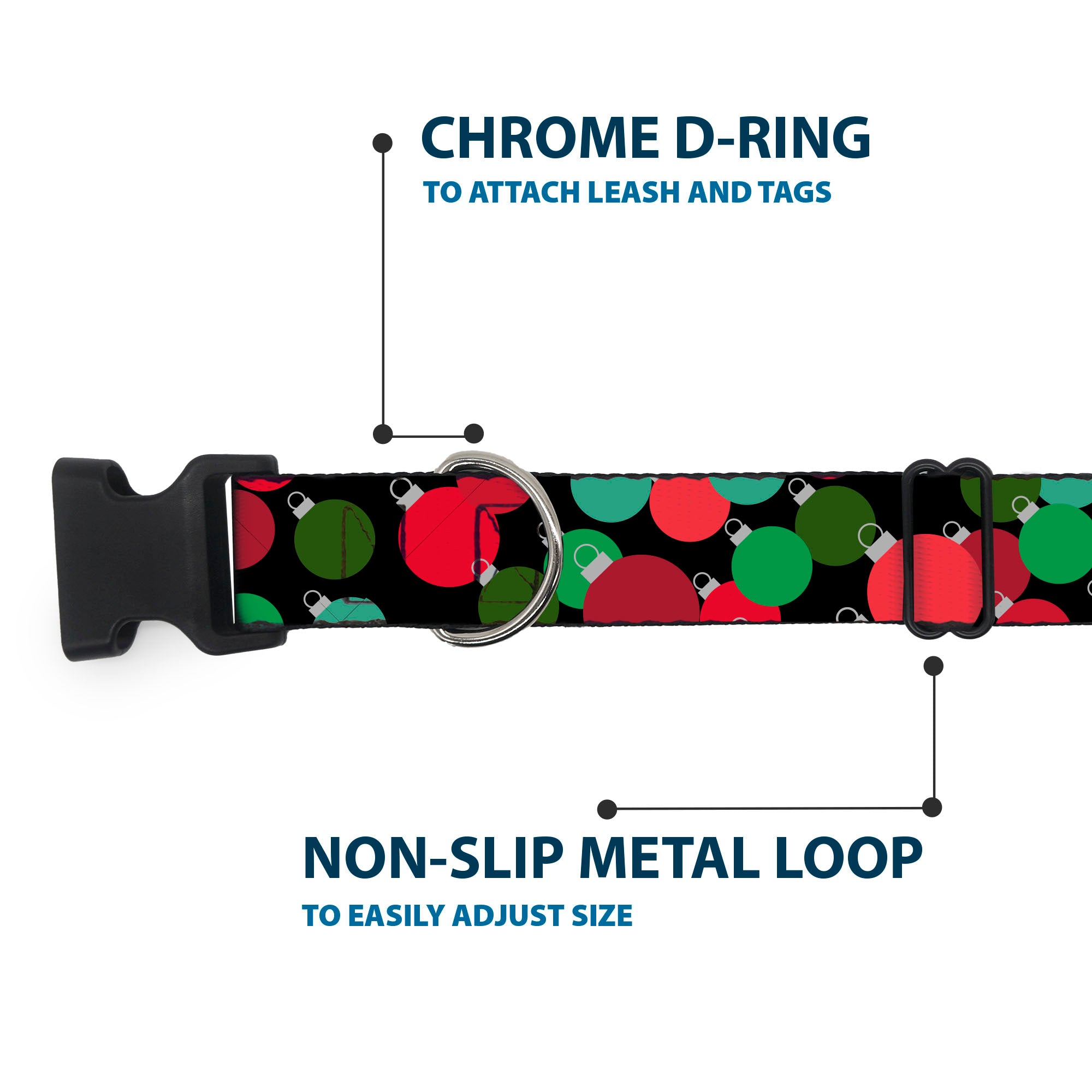 Plastic Clip Collar - Christmas Holiday Globe Ball Ornaments Stacked Black/Reds/Greens Plastic Clip Collars Buckle-Down