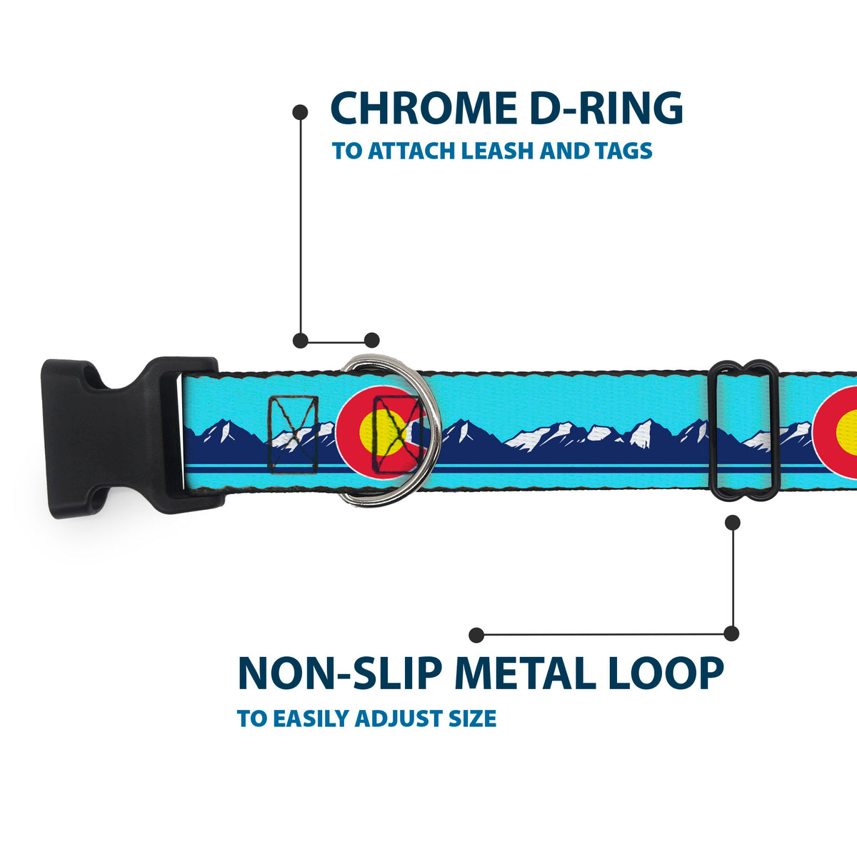 Plastic Clip Collar - Colorado Flag Icon Mountain Skyline Blue/Navy/White Dog Collars Plastic Clip Side Release Buckle-Down