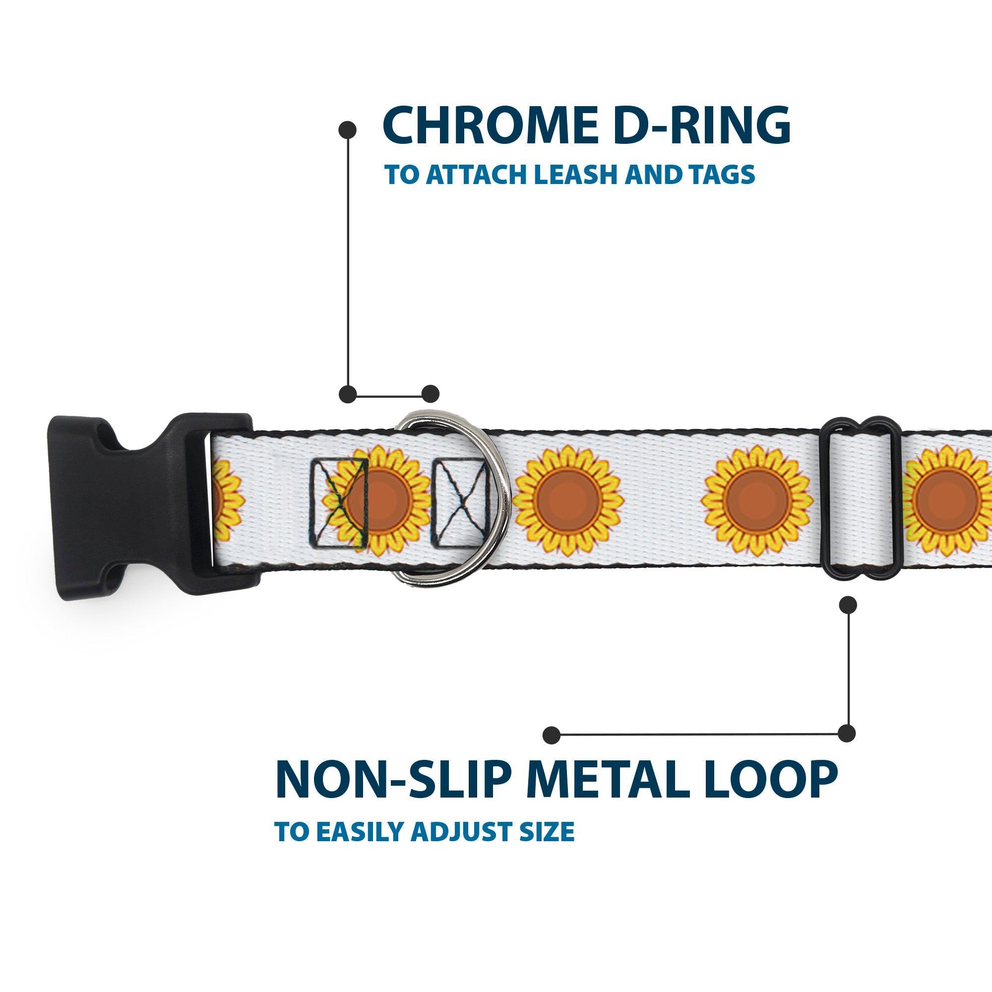 Plastic Clip Collar - Sunflower Face Repeat White Plastic Clip Collars Buckle-Down