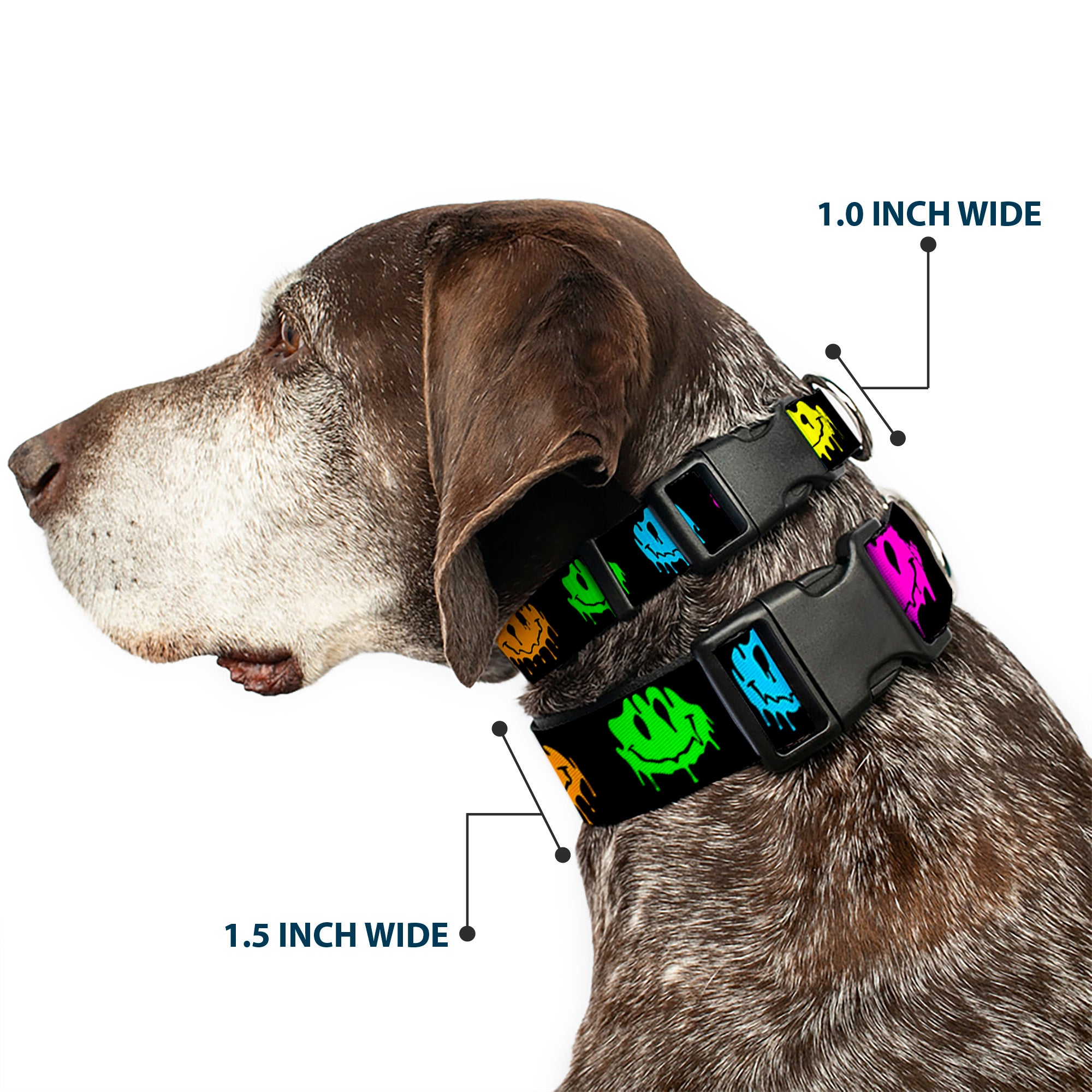 Plastic Clip Collar - Smiley Face Melted Repeat Black/Multi Neon Plastic Clip Collars Buckle-Down