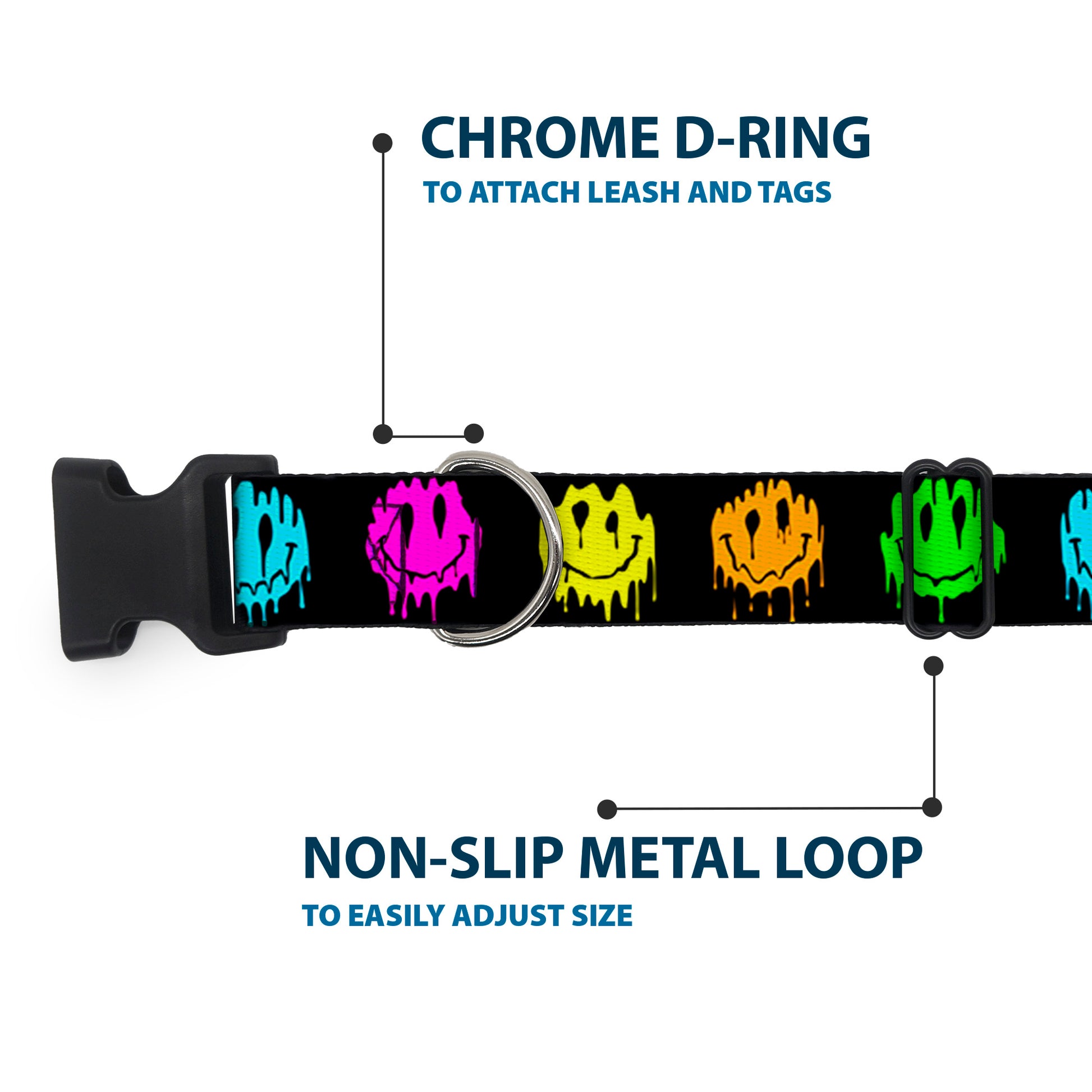 Plastic Clip Collar - Smiley Face Melted Repeat Black/Multi Neon Plastic Clip Collars Buckle-Down
