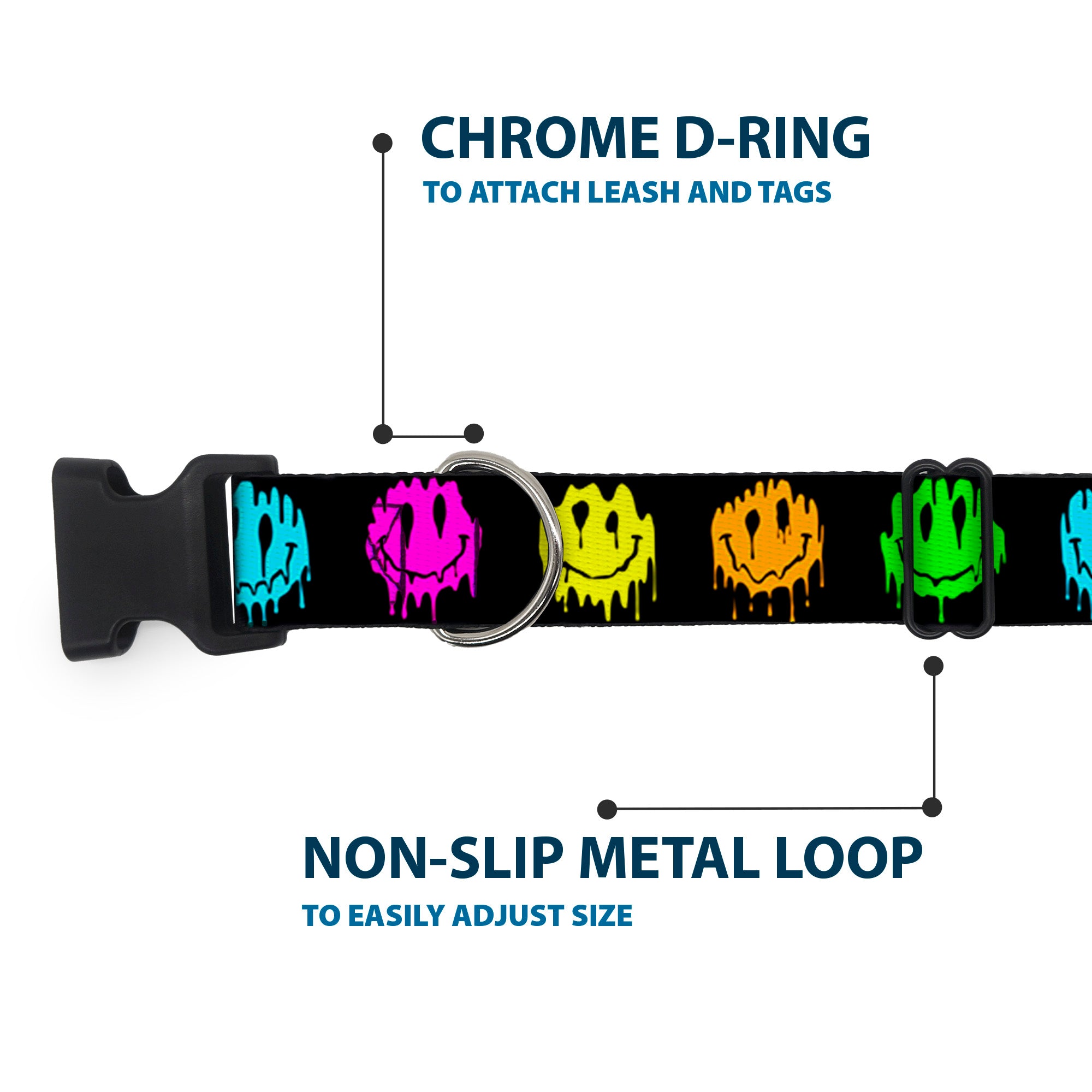 Plastic Clip Collar - Smiley Face Melted Repeat Black/Multi Neon Plastic Clip Collars Buckle-Down
